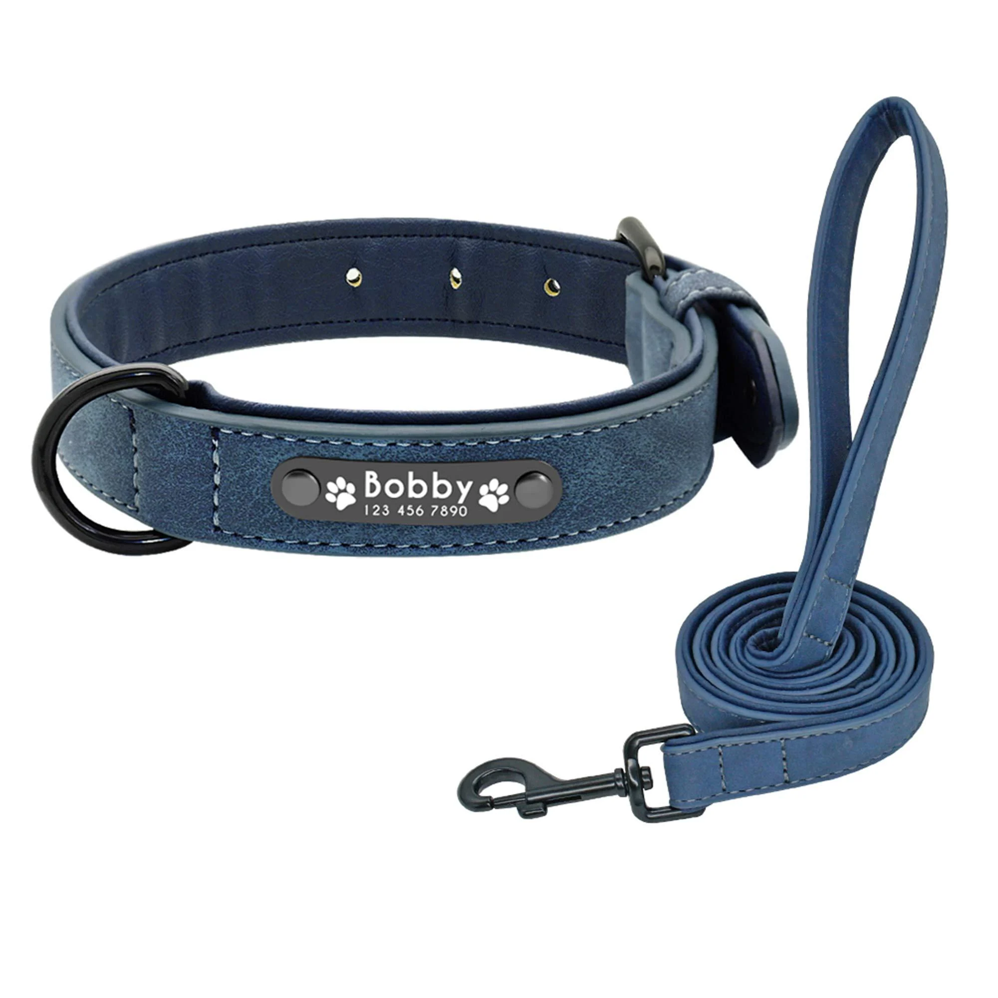 Didog dog collar soft padded leather with personalizable engraved name tag D-ring.Suitable for small and medium -sized dogs.L: 33-40 cm blue set (user-defined)