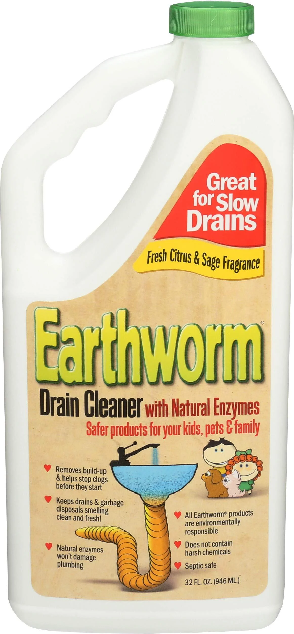 Earthworm, Cleaner Drain Family Safe, 32 Fl Oz