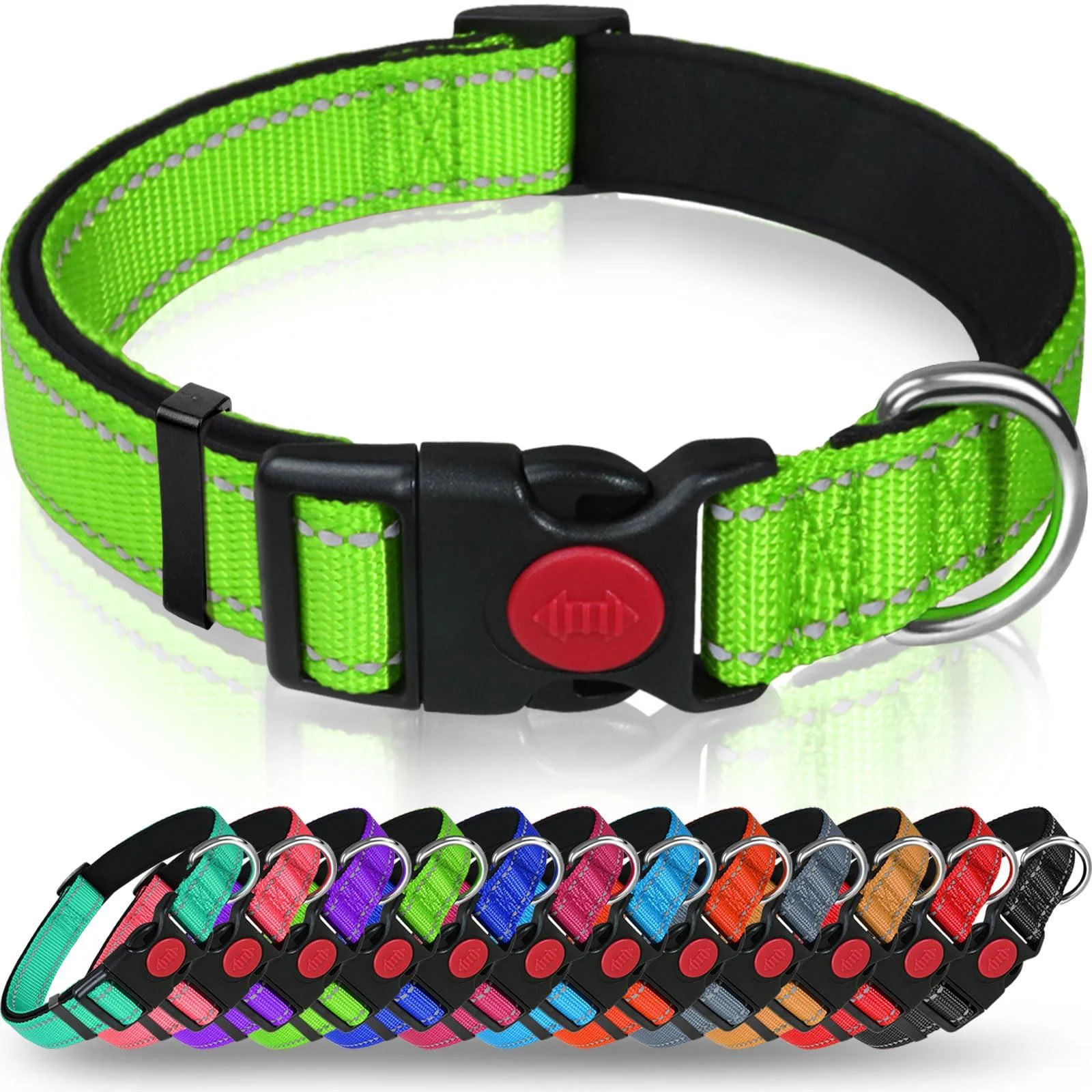 Taglory dog collar soft padded neoprene nylon dog collar for large dogs adjustable and reflective for training green L (1 Pack) green
