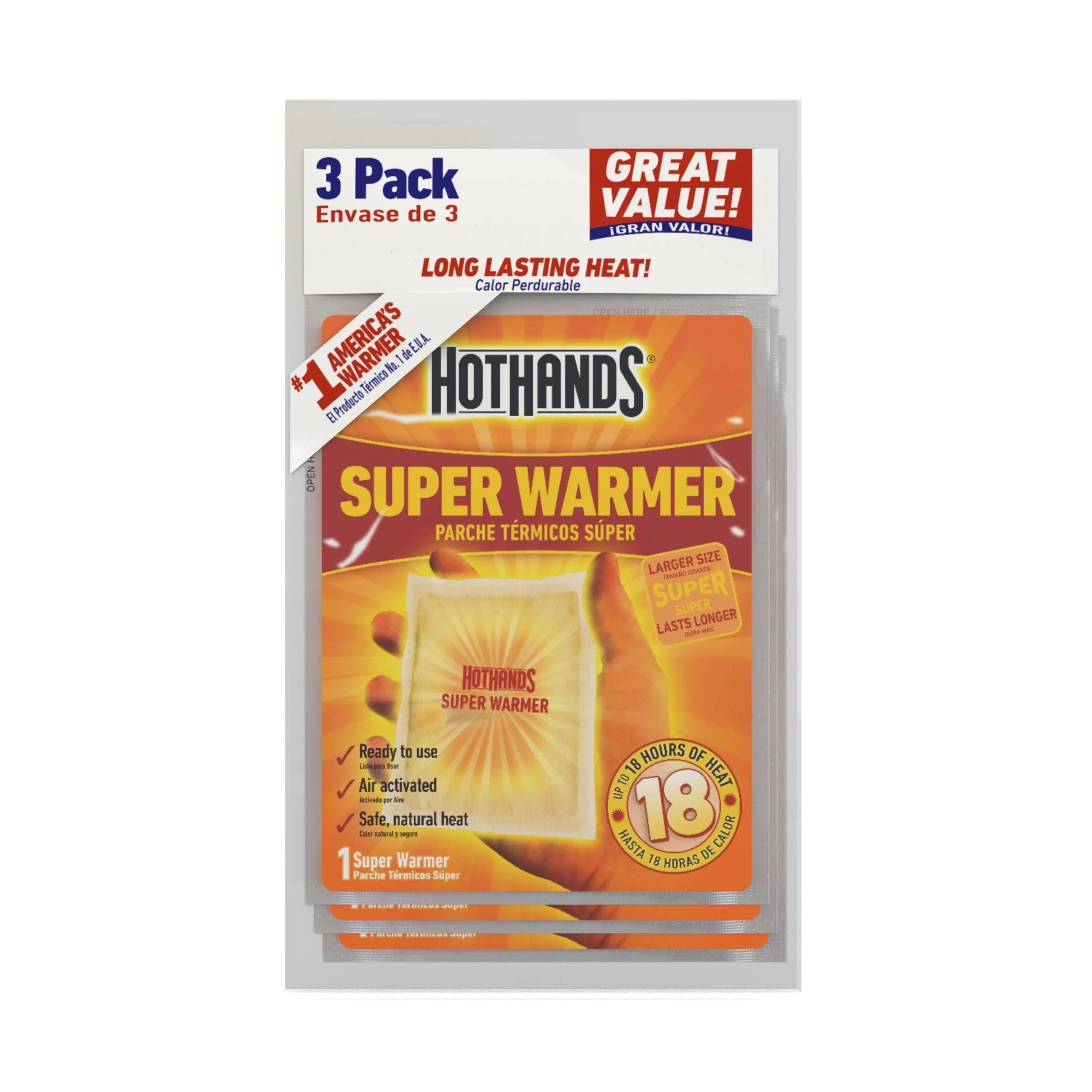 HotHands Body & Hand Super Warmers - Long Lasting Safe Natural Odorless Air Activated Warmers - Up to 18 Hours of Heat - 3 Individual Warmers