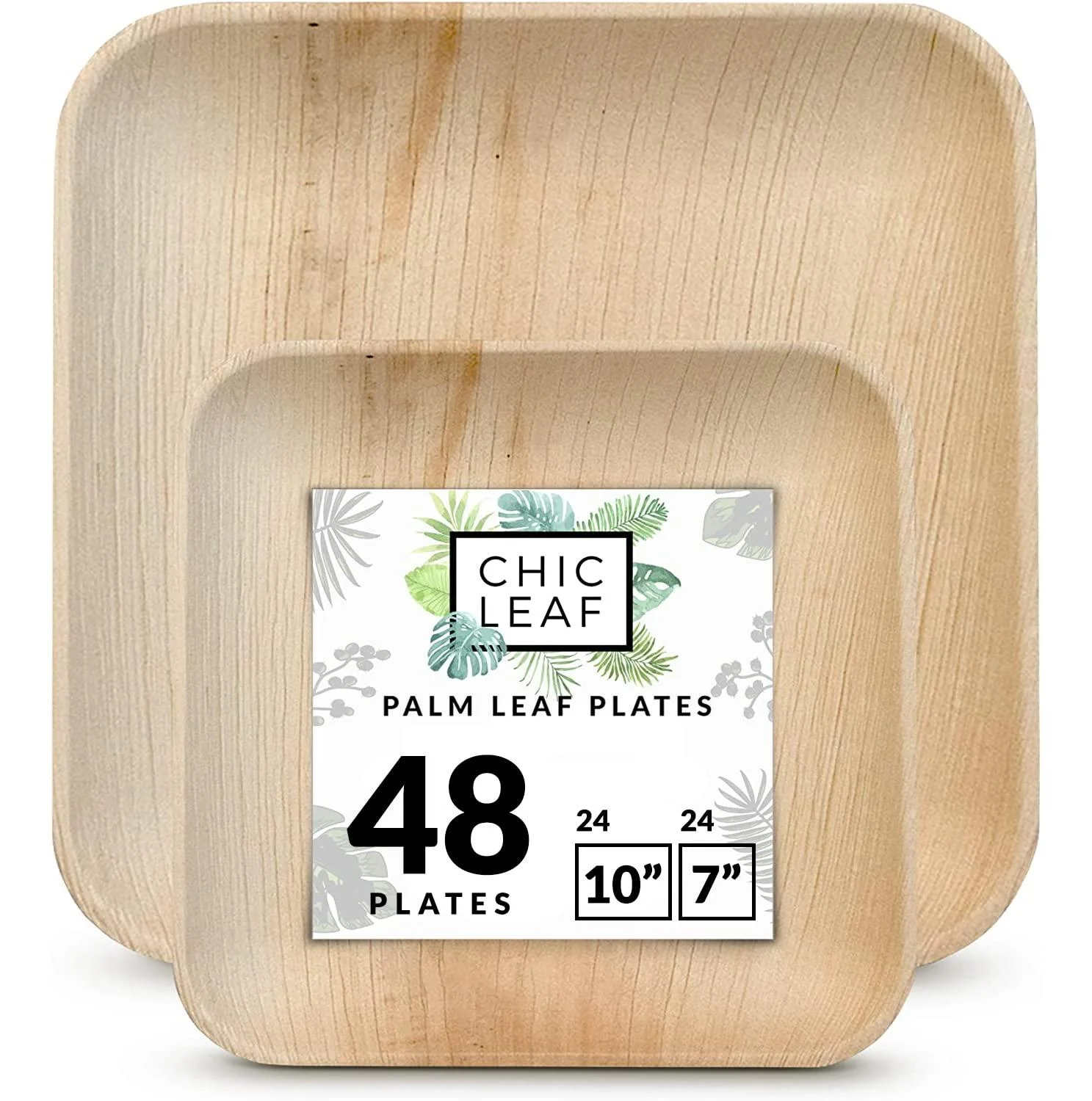 Chic Leaf Palm Leaf Plates Disposable Bamboo Plates Like 10 Inch & 7 Inch Square Party Pack (48 Pc) Compostable and Biodegradable - Better than Plastic and Paper Plates Set (48 Pc)