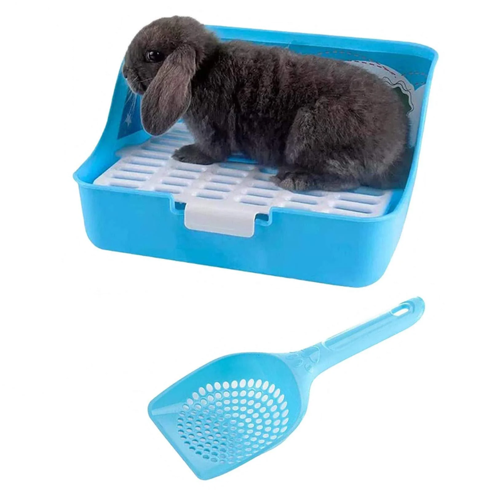 Rabbit Litter Box Potty Training Corner Pan with Grate for Adult Guinea Pigs Ferrets Rats blue - Kathson