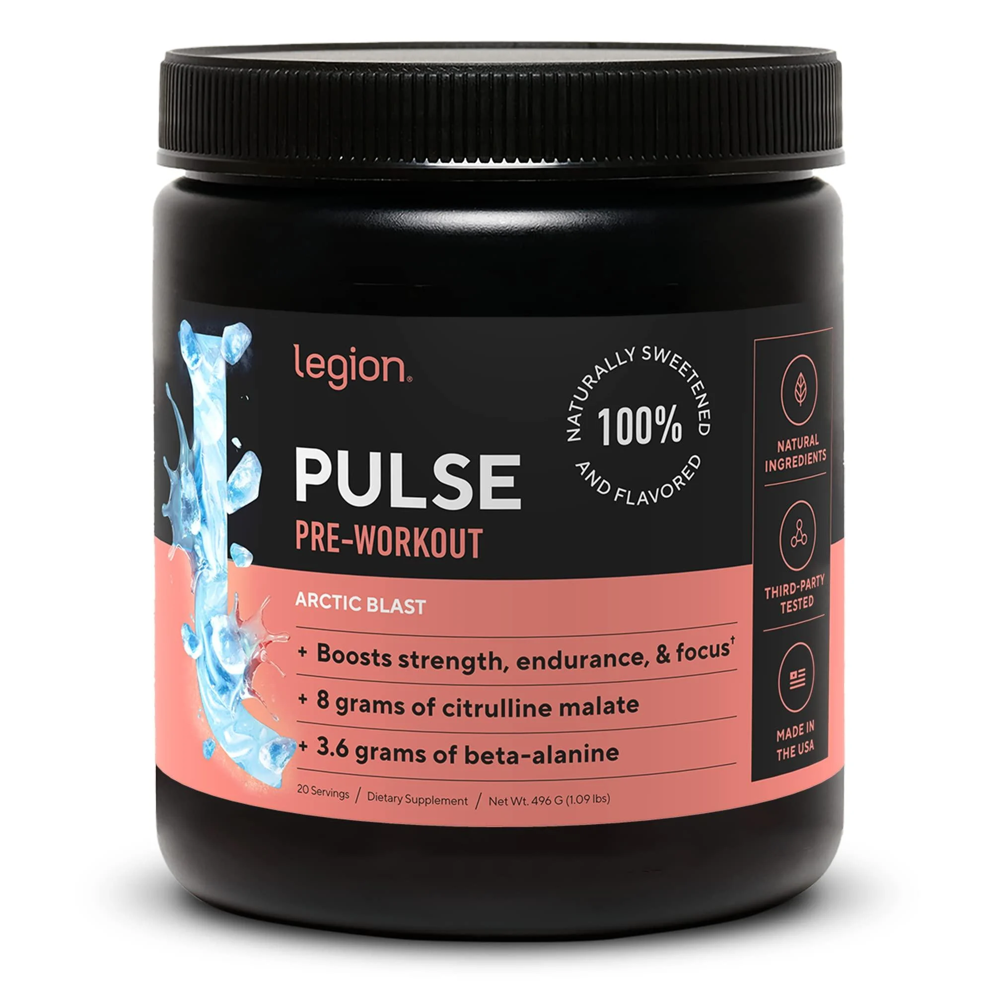 LEGION Pulse Pre Workout Supplement - All Natural Nitric Oxide Preworkout Drink to Boost Energy Creatine Free Naturally Sweetened Beta Alanine Citrulline Alpha GPC (Arctic Blast)