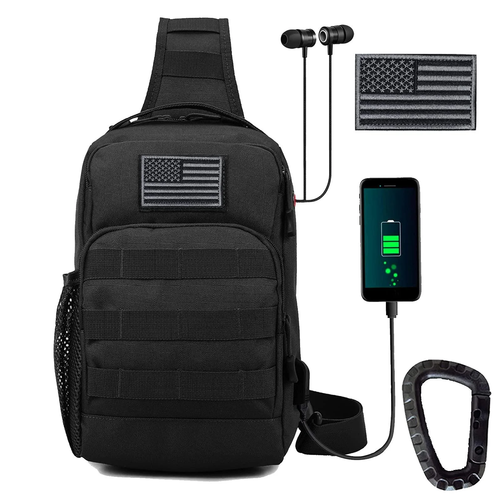 Valinov Tactical Shoulder Bag Molle Shoulder Backpacks Military Sling Daypack Backpack with USB Charging port Black