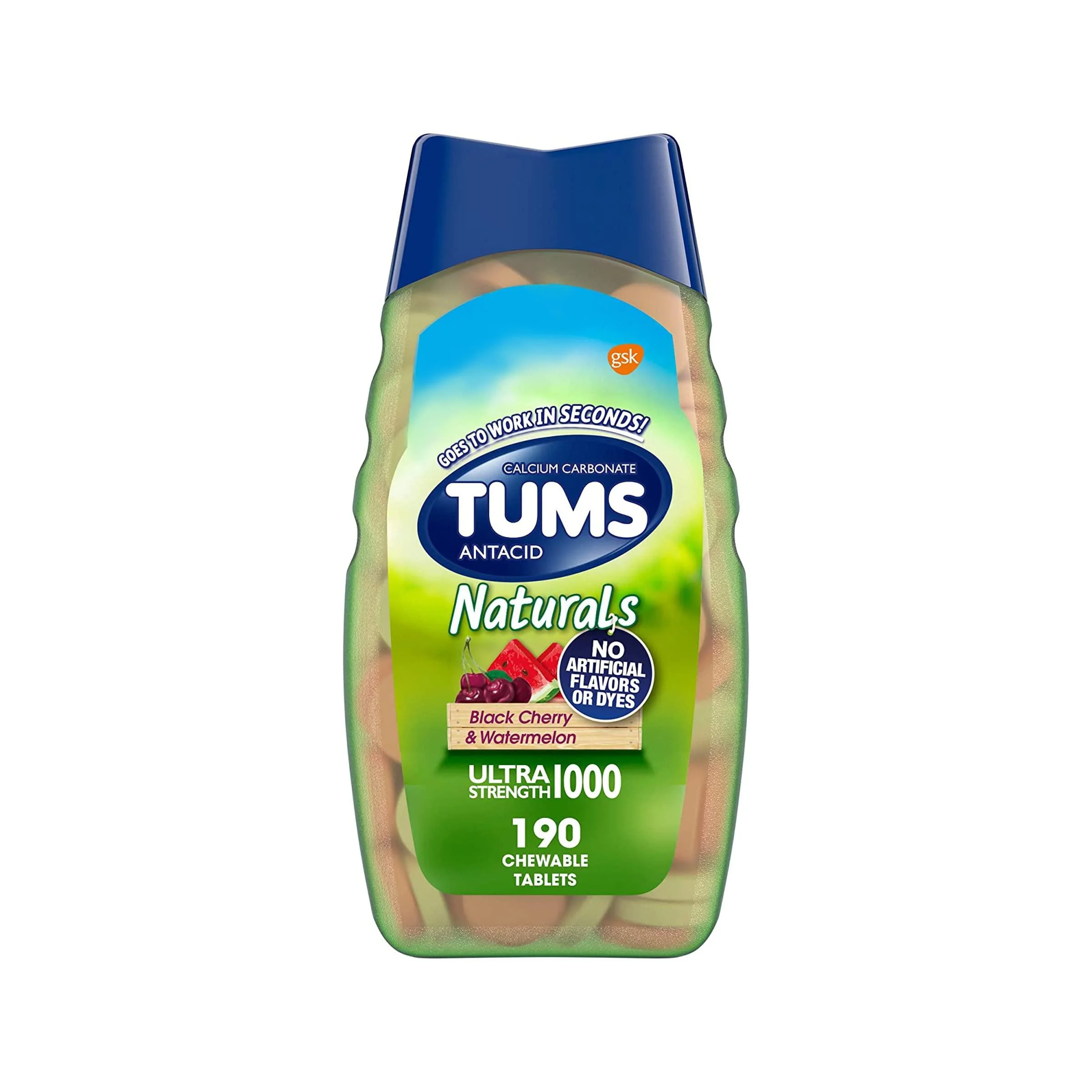 TUMS Naturals Ultra Strength Antacid Chews for Heartburn Relief, Black Cherry & Watermelon - 190 Count