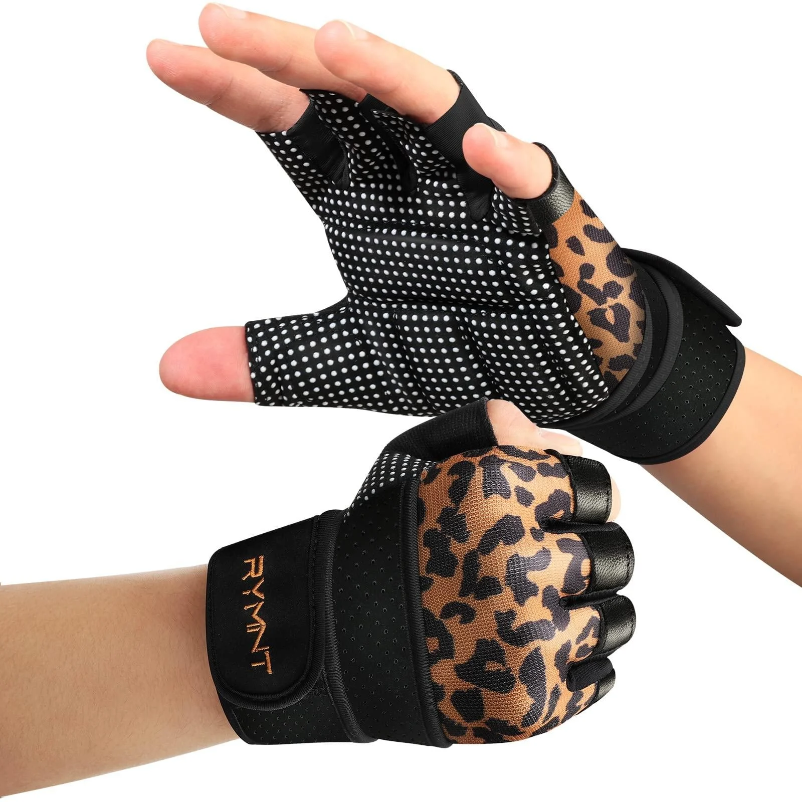 RYMNT Workout Gloves with Wrist Wrap Support, Weight Lifting Gloves with Full Palm Protection & Extra Grip for Men Women Gym Exercise, Cross Training, Weightlifting, Pull ups Leopard Medium