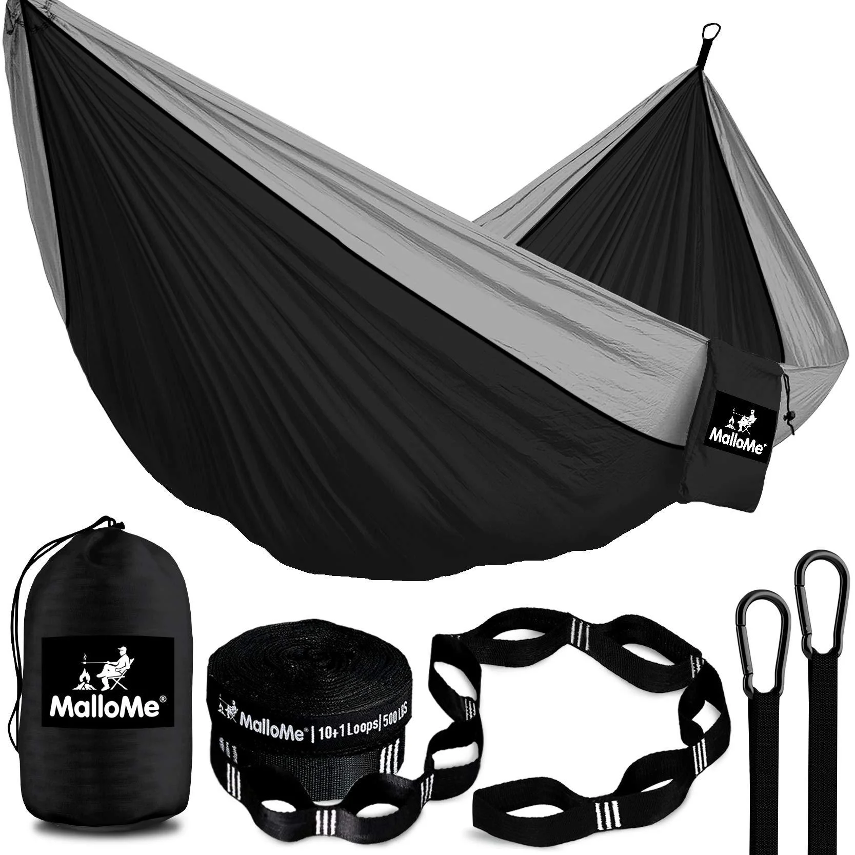 MalloMe Camping Hammock with Straps - Hammocks - Portable Hammock Kids Hammock Outdoor Hammock - Hamaca Double Hammock - 2 Person Hammock Tree Hammock - Hamock Travel Hammock - Hammocks for Outside Black / Grey Large