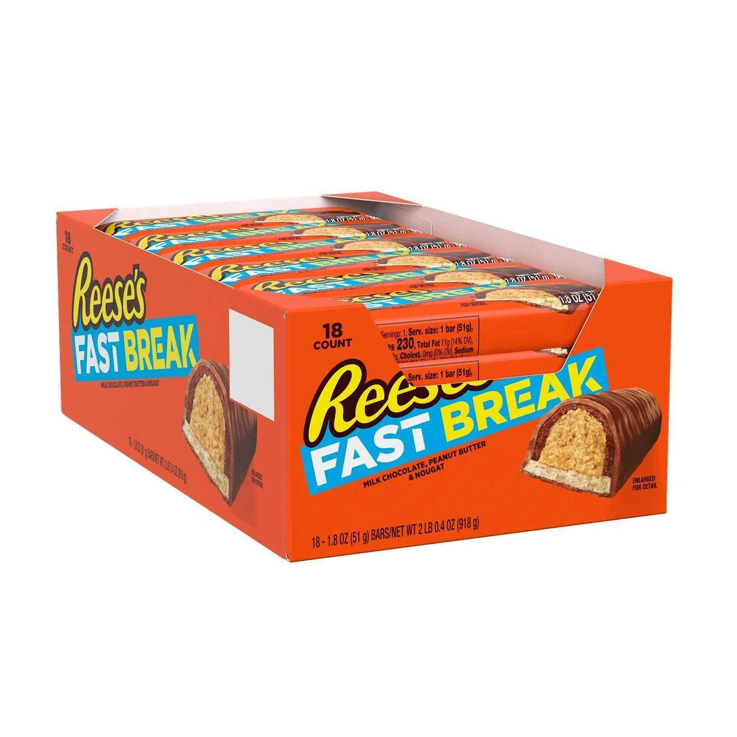 REESE'S FAST BREAK Milk Chocolate covered Peanut Butter and Nougat Candy, Bulk Halloween Candy, 1.8 oz Bar (18 ct) Candy Bars