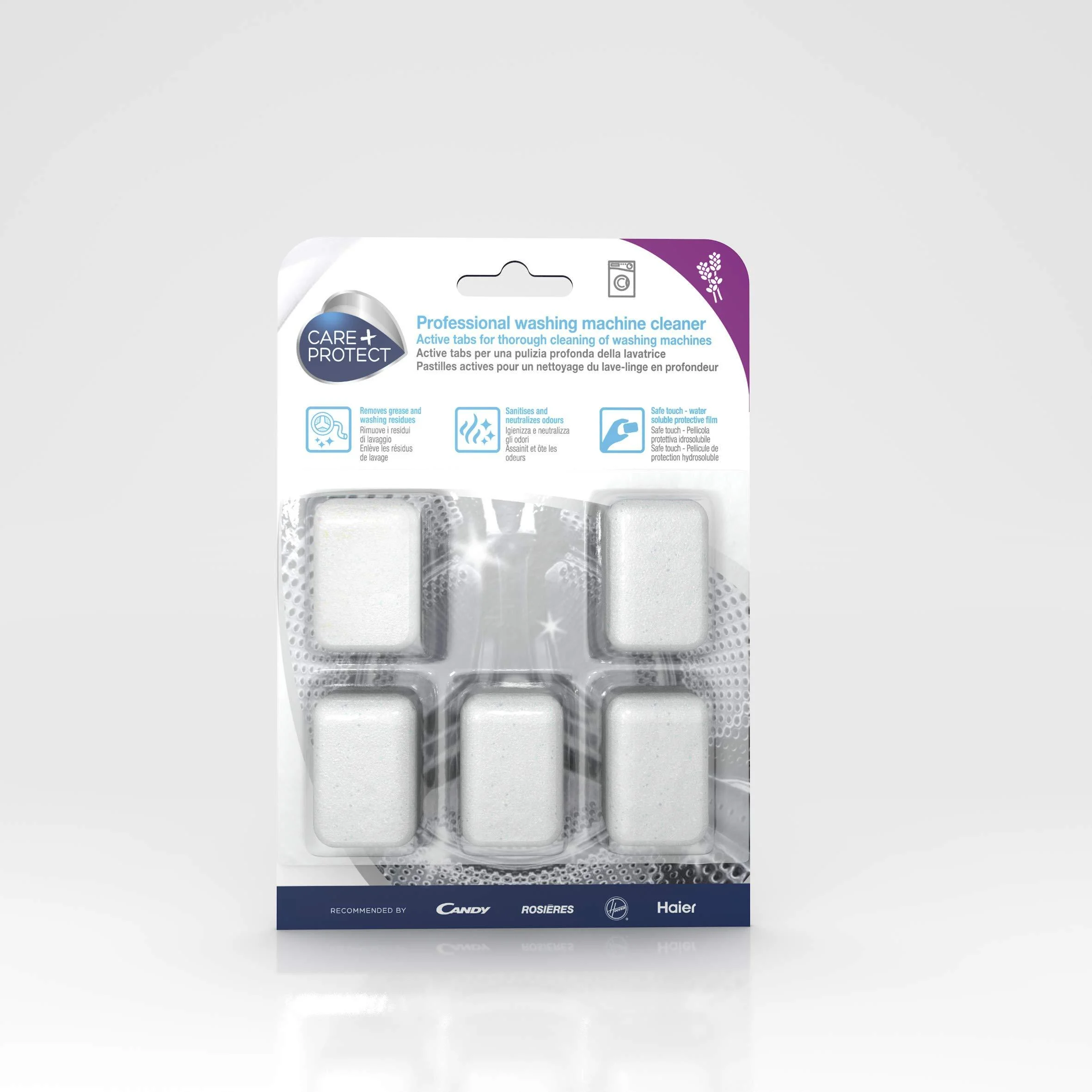 Care + Protect Washing Machine Cleaning Tabs Filter Cleaning and Basket Removes Dirt and Odours 5 Tablets Lavender Scent