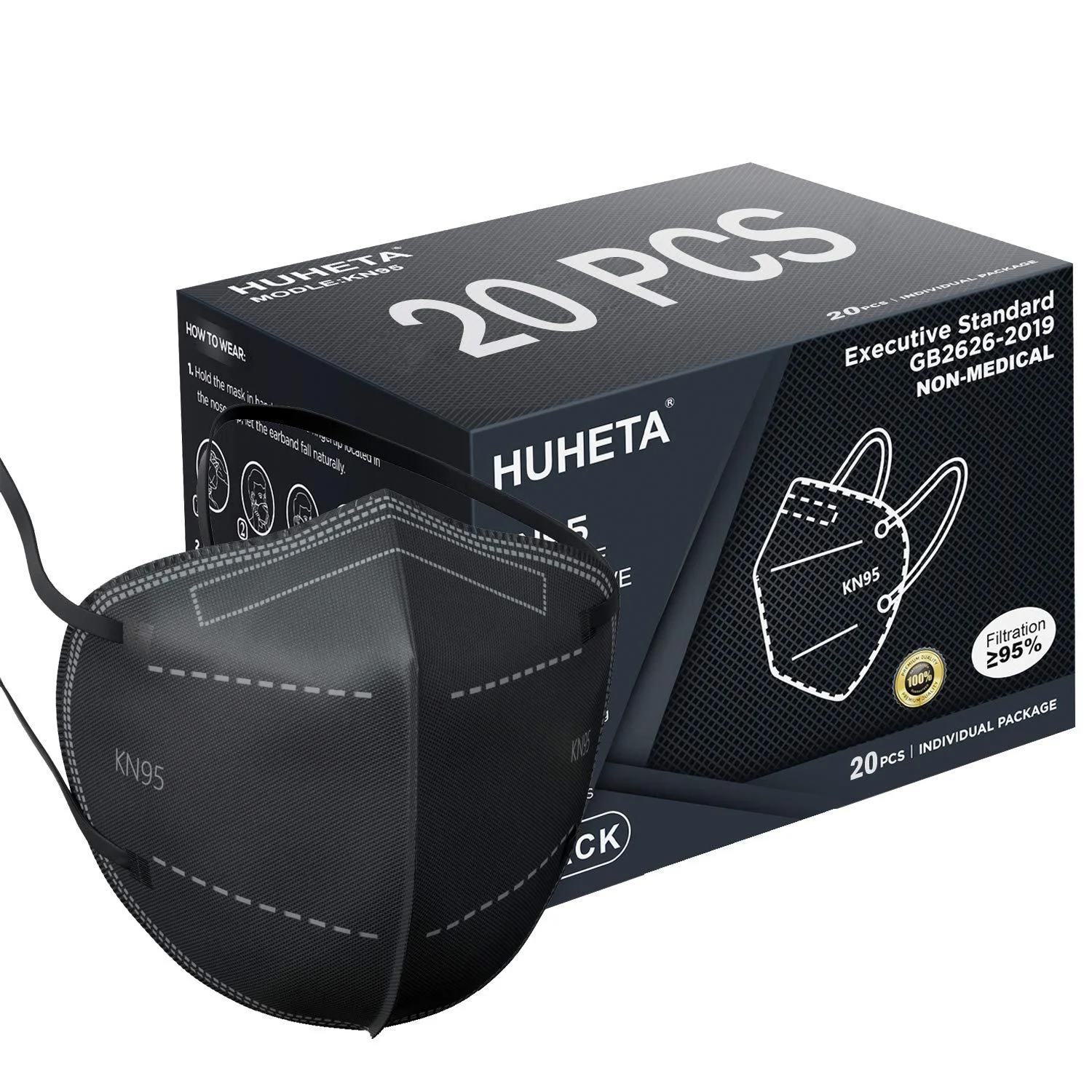HUHETA KN95 Face Mask 20 Packs 5 Layer Safety Mask with Elastic Ear Loop and Nose Bridge Clip Filter Efficiency Over 95% Protective Masks for Indoor and Outdoor Use (Black Mask)