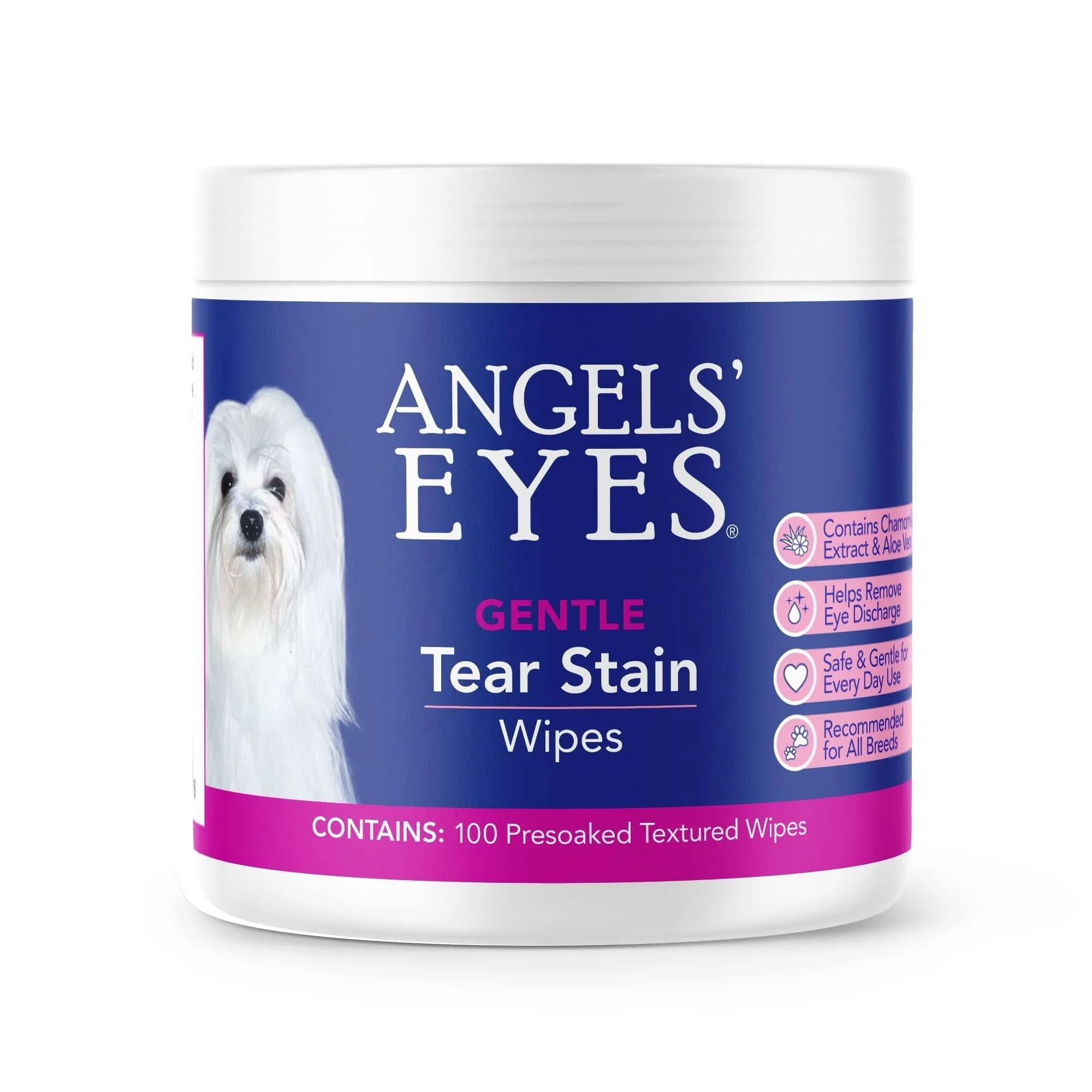 Angels Eyes Gentle Tear Stain Wipes for Dogs and Cats | 100 ct Presoaked & Textured Eye & Face Wipes | Remove Discharge & Mucus Secretions - Angel's Eyes