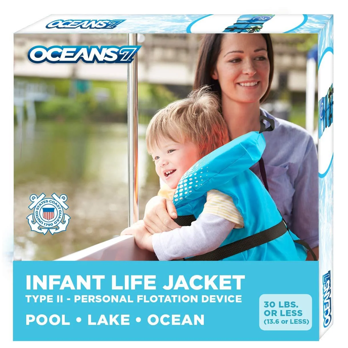 Oceans 7 US Coast Guard Approved Infant Life Jacket 8-30 lbs Type II PFD Flex-Form Chest Personal Flotation Device, Blue/White