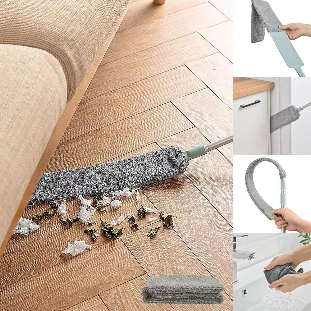 Dust Brush Under Appliance Microfiber Duster with Extension Pole (40 to 55 inches) Bendable, Washable, Extendable Gap Dusters for Sofa Bed Furniture Bottom - Wet or Dry