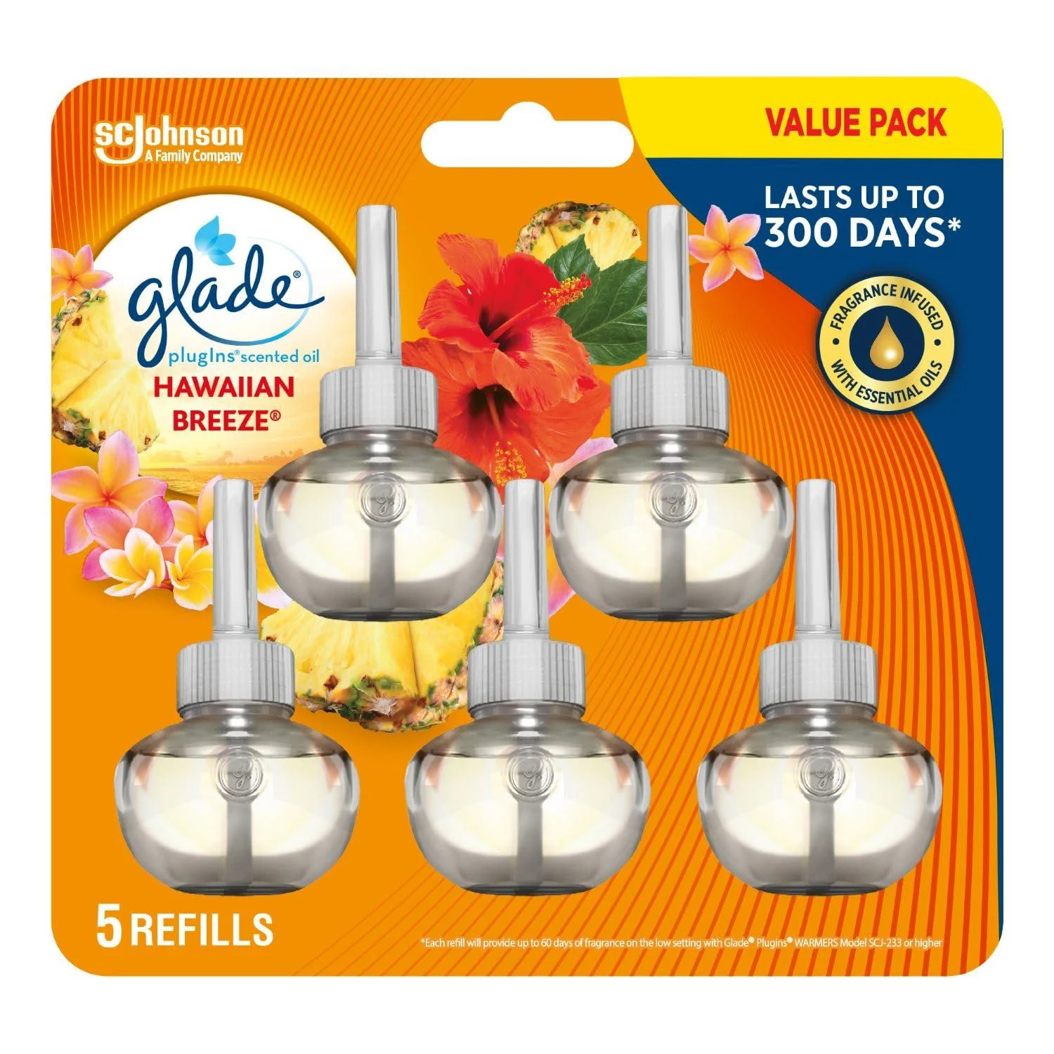 Glade PlugIns Air Freshener Oil Refill Scented and Essential Oils for Bathroom and Home Fragance Hawaiian Breeze 5 Count