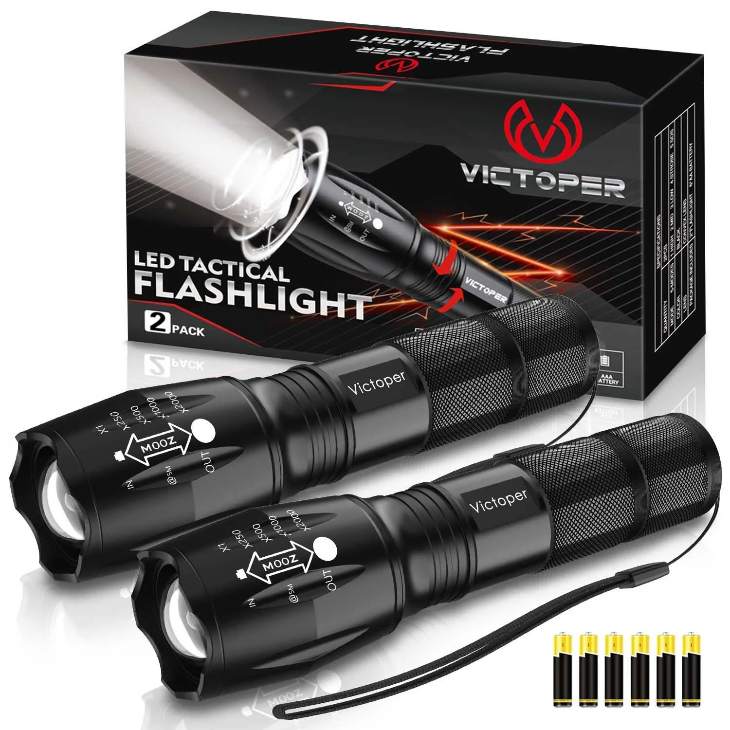 Victoper LED Flashlight 2 Pack Bright 2000 Lumens Tactical Flashlights High Lumens with 5 Modes Waterproof Focus Zoomable Flash Light Portable Flashlight for Camping Hiking Outdoor Home Emergency