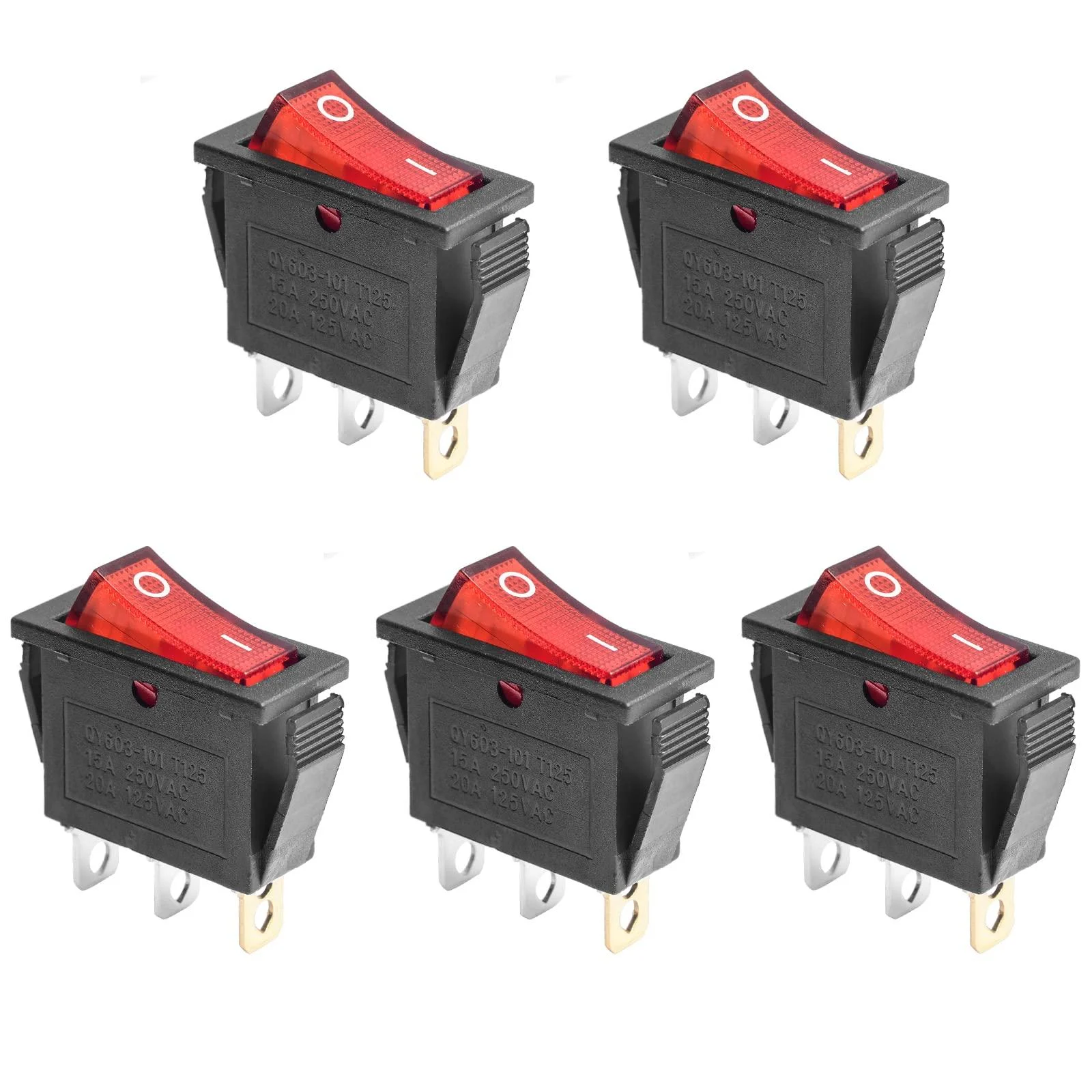 5Pcs AC 250V/16A, 125V/20A Red Light Illuminated LED On/Off SPST 3 Pin 2 Position Mini Boat Rocker Toggle Switch Snap for Car Boat by QTEATAK Red/ON-OFF / 3Pins