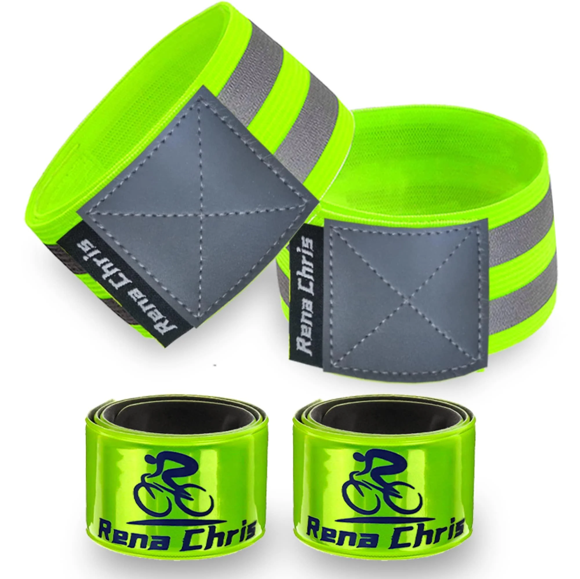 Reflective Bands for Wrist, Arm, Ankle, Leg. High Visibility Reflective Gear for Night Walking, Cycling and Running. Safety Reflector Tape Straps. Very Large Reflective Surface Area Green - 4 Bands