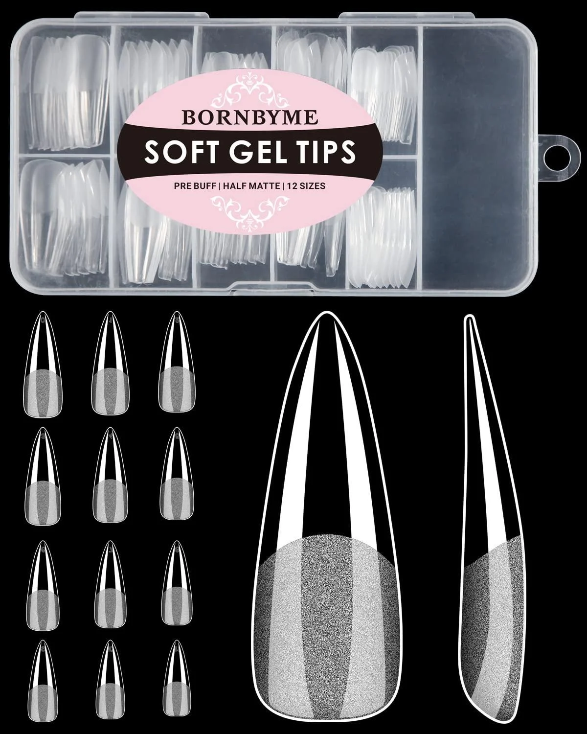Soft Gel Nail Tips Long Stiletto 120PCS Pre Buff Full Cover Nail Extenison Tips Half Matte Gel X Nail Tips BORNBYME