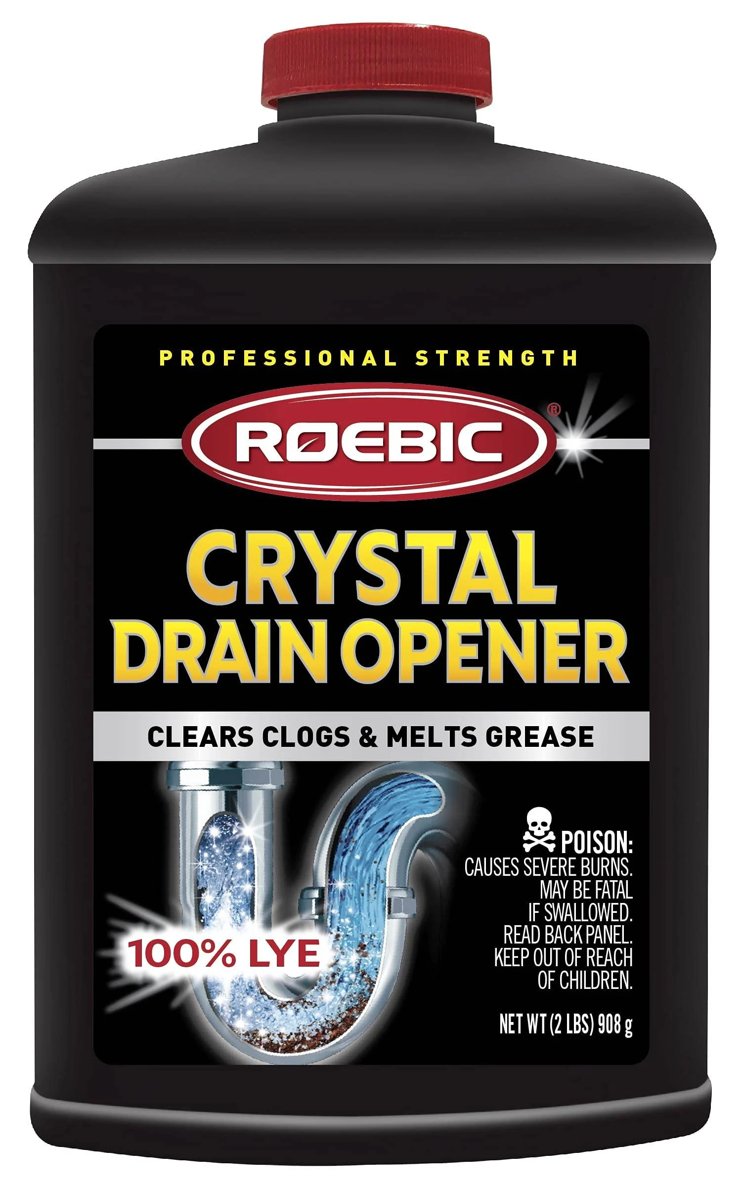 Roebic HD-CRY-DO Heavy Duty Cleaner Clears Clogs and Melts Grease Professional Strength Crystal Drain Opener, 100% Lye, Black