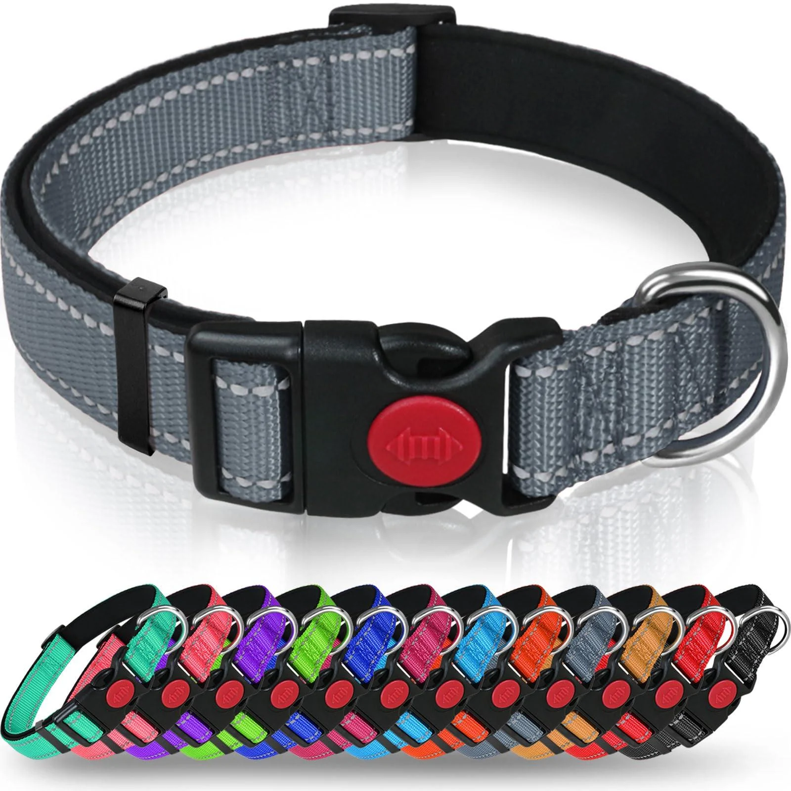 Taglory dog collar soft padded neoprene nylon dog collar for large dogs adjustable and reflective for training gray l (1 Pack) gray