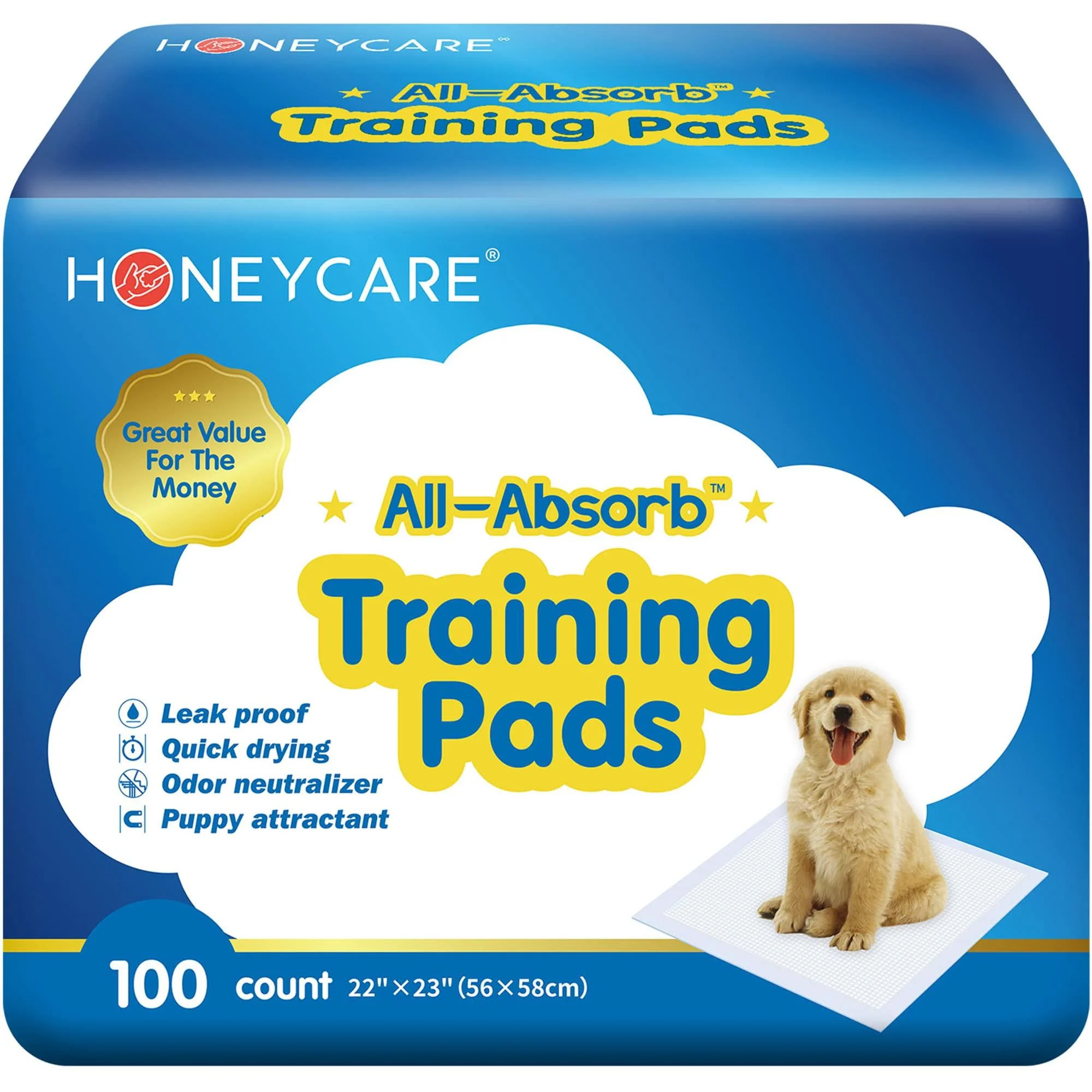 HONEY CARE All-Absorb Dog Pee Pads 22" x 23" (Pack of 14), Ultra Absorbent and Odor Eliminating Puppy Pads for Training, 5-Layer Leak-Proof Pee Pads with Quick-Dry Surface for Potty Training 100 Count (Pack of 1)