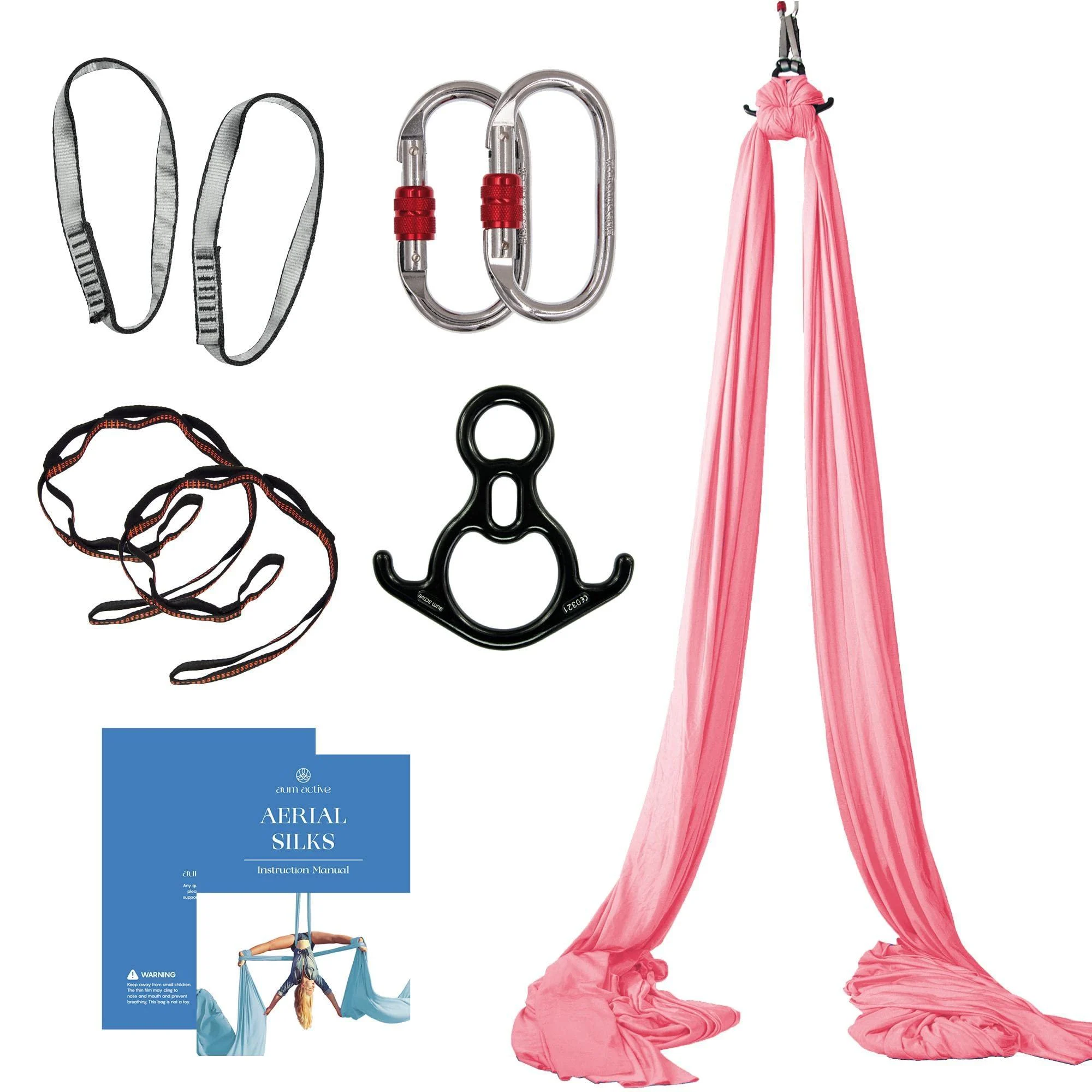 aum active Aerial Silks Starter Kit - Durable 9 Yards of Aerial Yoga Hammock with Hardware & Guide - Aerial Swing for Acrobatic Flying Yoga & All Levels (Aerial Rigging Point Up to 13ft) Pink