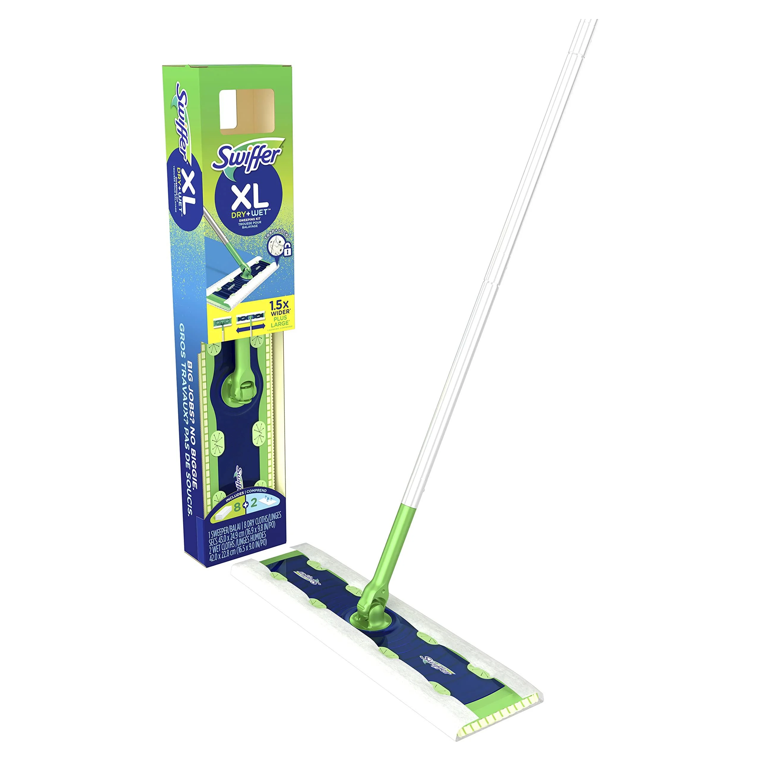 Swiffer Sweeper Dry + Wet XL Sweeping Kit, 1 Sweeper, 8 Dry Cloths, 2 Wet Cloths XL Starter Kit (New!)