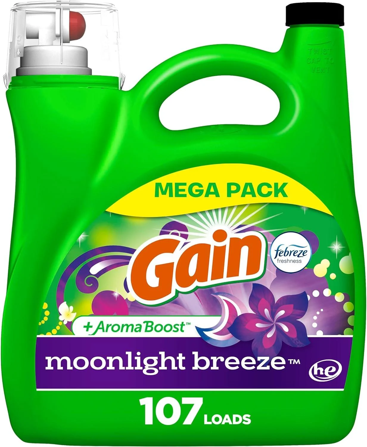Gain + Aroma Boost Liquid Laundry Detergent, Moonlight Breeze Scent, 107 Loads, 154 Fl Oz, HE Compatible with Febreze and Oxi (125) 154 Fl Oz (Pack of 1)