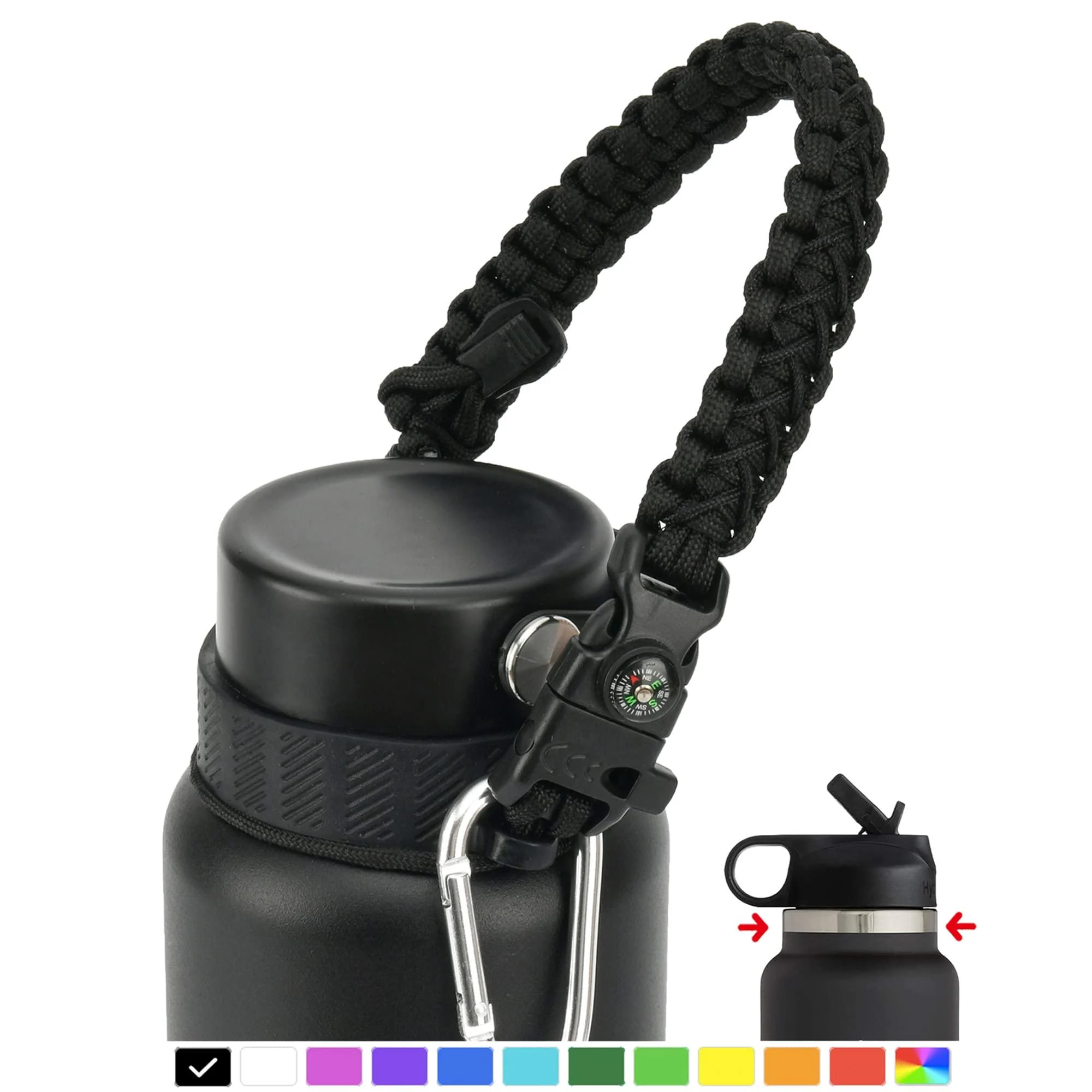 QeeCord 2.0 Paracord Handle for Hydroflask 2.0 Wide & Standard Mouth Water Bottles Strap Carrier with New Safety Ring Holder, 12oz - 64oz 32 oz-40 oz Wide Mouth Black