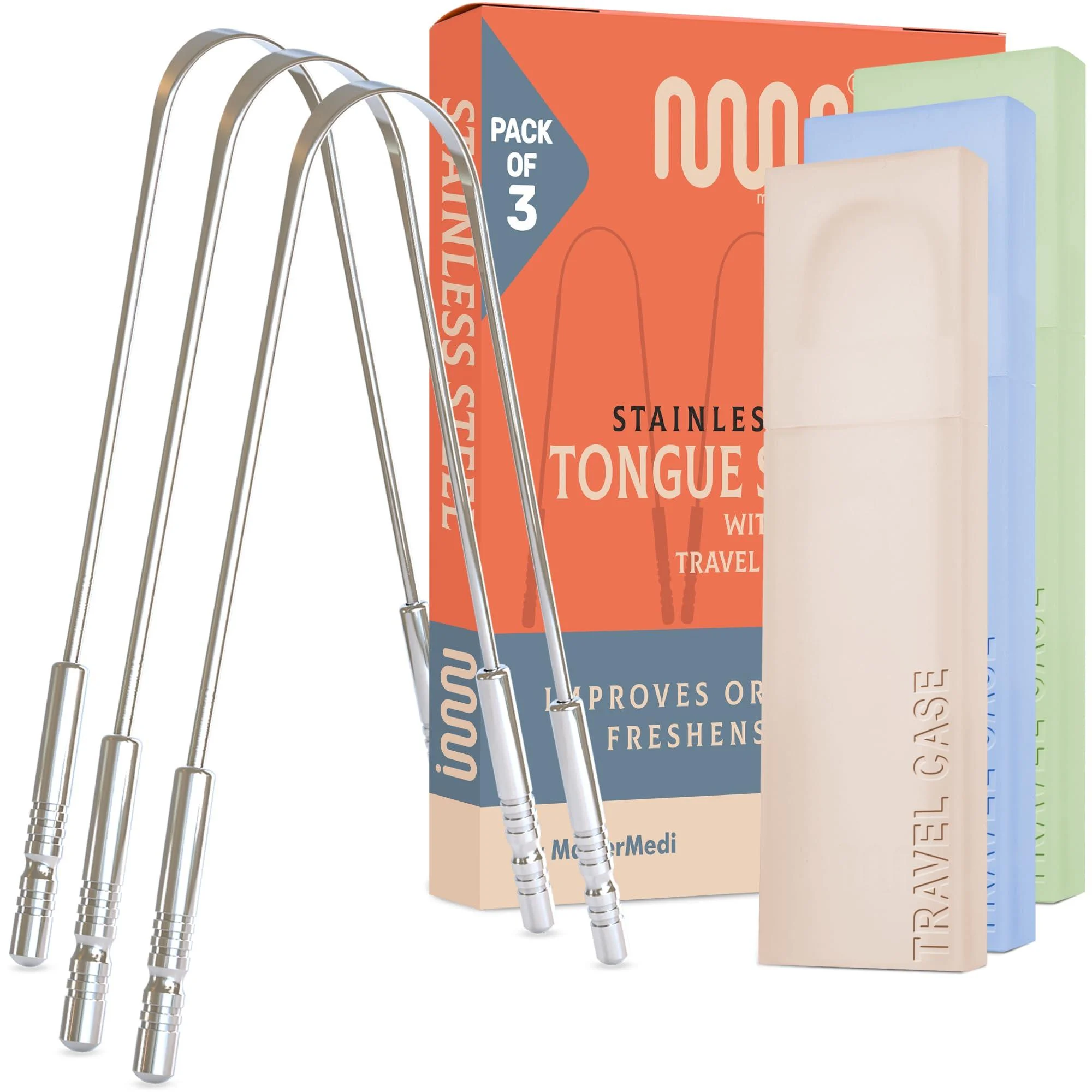 Mastermedi 100% pure copper tongue scraper with travel case - 2 pack all natural ayurveda tongue cleaner banned bad breath and maintains oral hygiene large grip (Set of 3 (with Travel Case))))