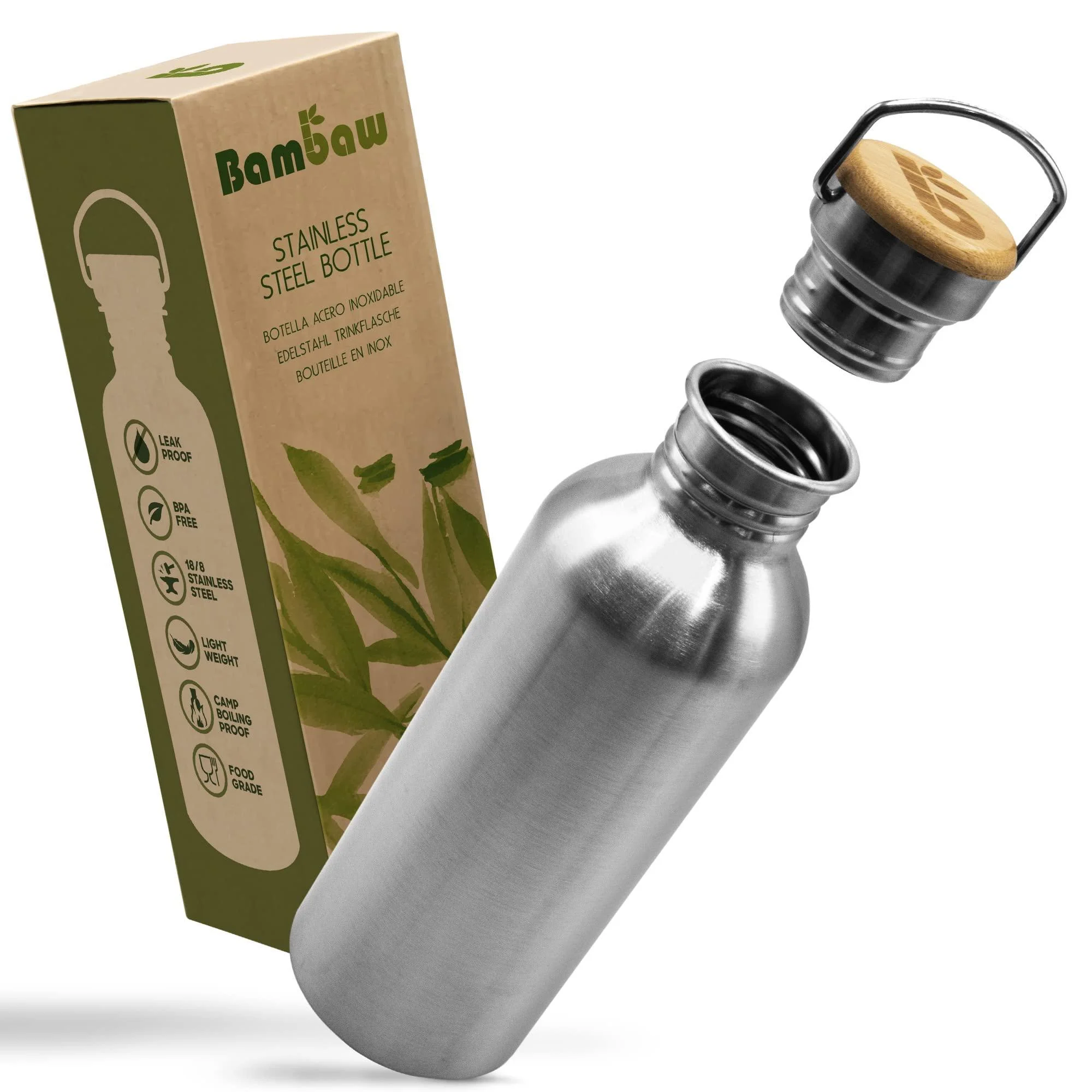 Bambaw-stainless steel drinking bottle 1l water bottle 1l non-isolated single-walled drinking tone stainless steel outlet-safe metal water bottle outdoor drinking bottle water bottle 1L water bottle 1000 ml of silver