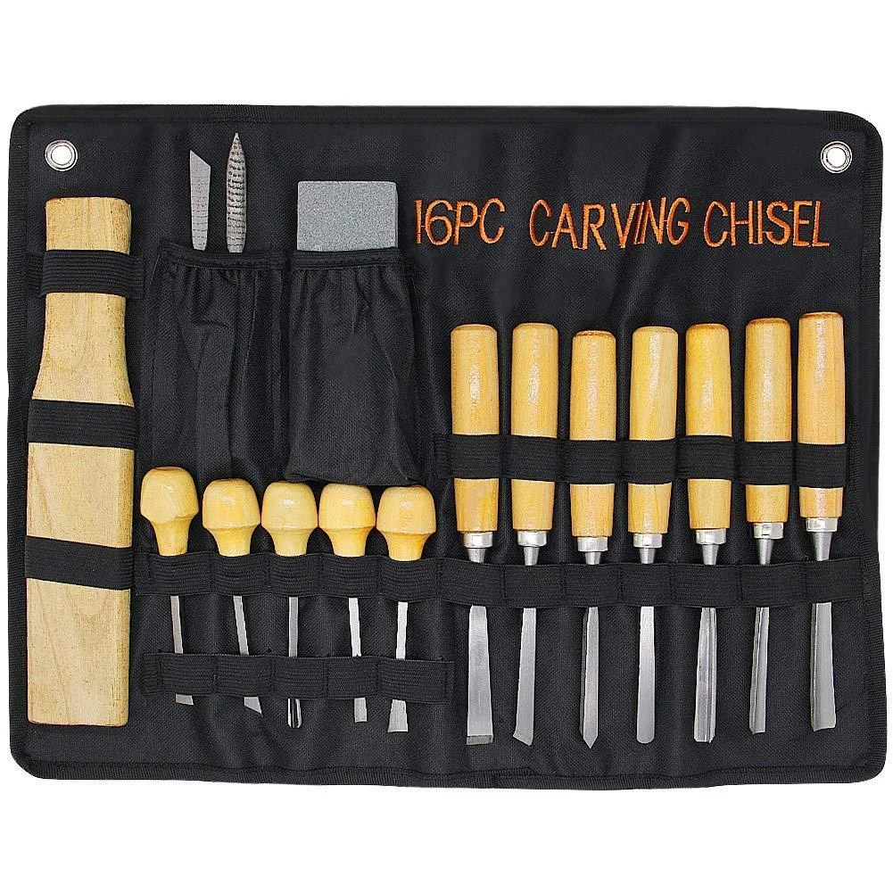 Lulu Home Wood Carving Tools 16PCS Professional Carving Knife Tool Set for Woodworking Premium Wood Handle with Chisel Gouge Whetstones