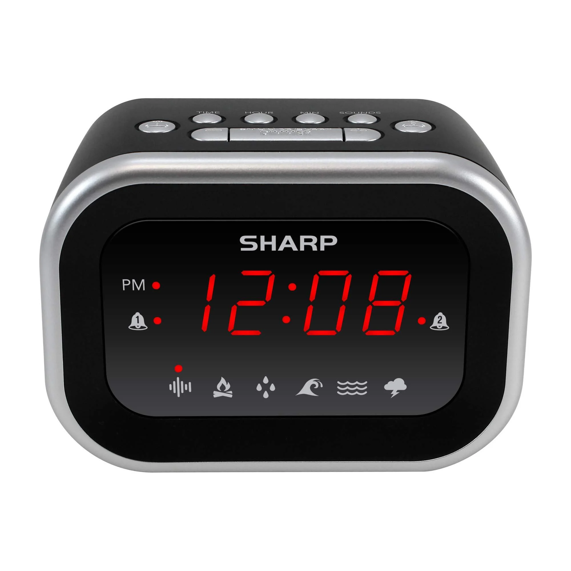 SHARP Dual Alarm Clock with Sound Machine with 6 Relaxing Sounds: White Noise, Campfire, Rain, Ocean, Brook, Thunderstorm, Easy to Use, Red LED Display