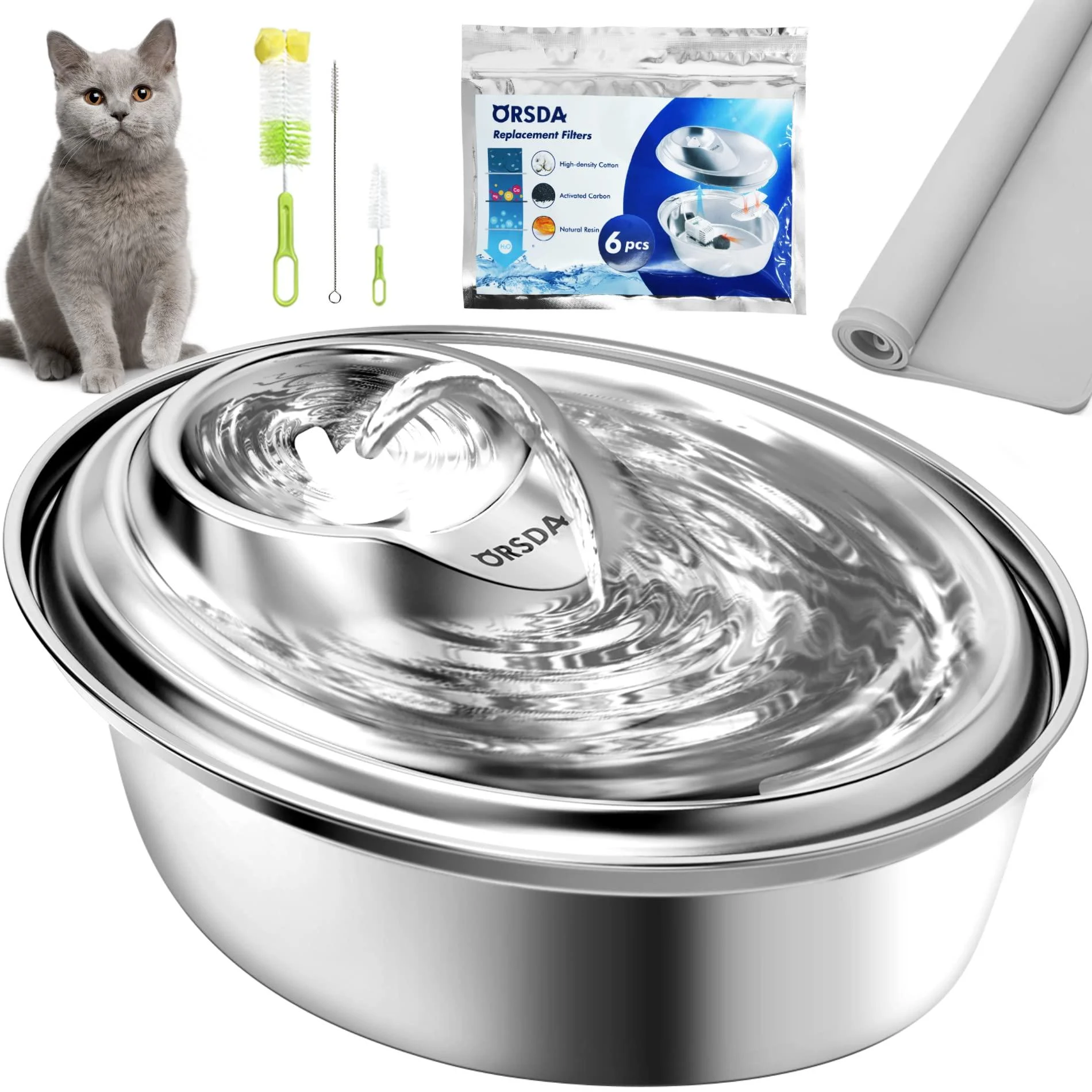 ORSDA Cat Water Fountain Stainless Steel, Pet Fountain Dog Water Dispenser, Ultra-Quiet Automatic Cat Drinking Fountains with 6 Replacement Filters & 1 Silicone Mat for Cats, Small Dogs 67oz Fountain+1 Silicone Mat, Filter x 6,Brush x 3