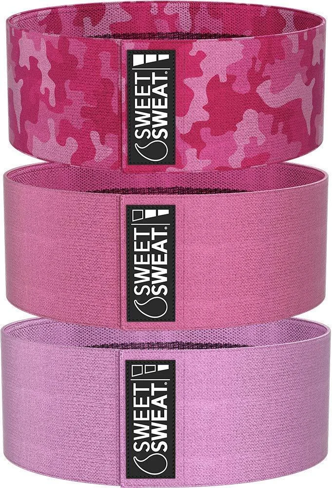 Sweet Sweat Hip Bands and Resistance Set with 3 Levels of Resistance | Non-Slip Fabric Booty Bands for Squats & Lunges | Includes Free Mesh Carrying Bag Pink Hip Bands
