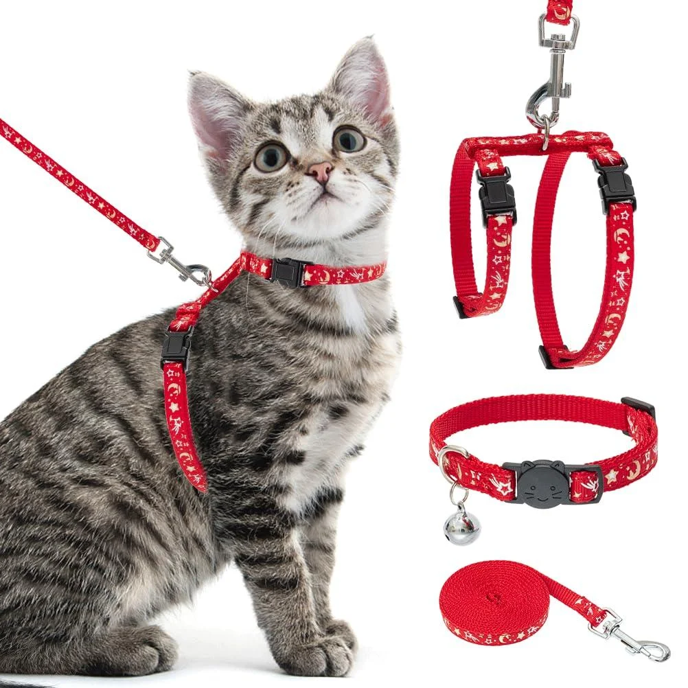 PAWCHIE Cat Harness with Leash and Collar Set - Escape Proof Adjustable Cat Harness Glow in The Dark for Kitty Outdoor Walking Red