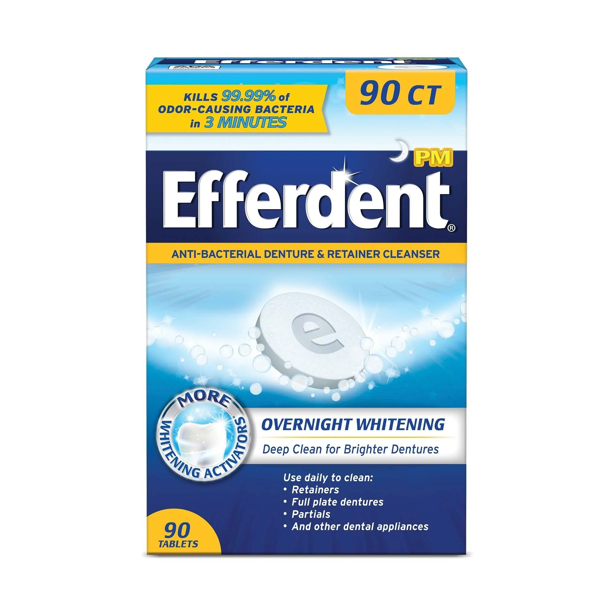 Efferdent Retainer Cleaner & Denture Cleanser Tablets, Overnight Whitening, 90 Tablets 90 Count (Pack of 1) Denture Cleanser Tablets