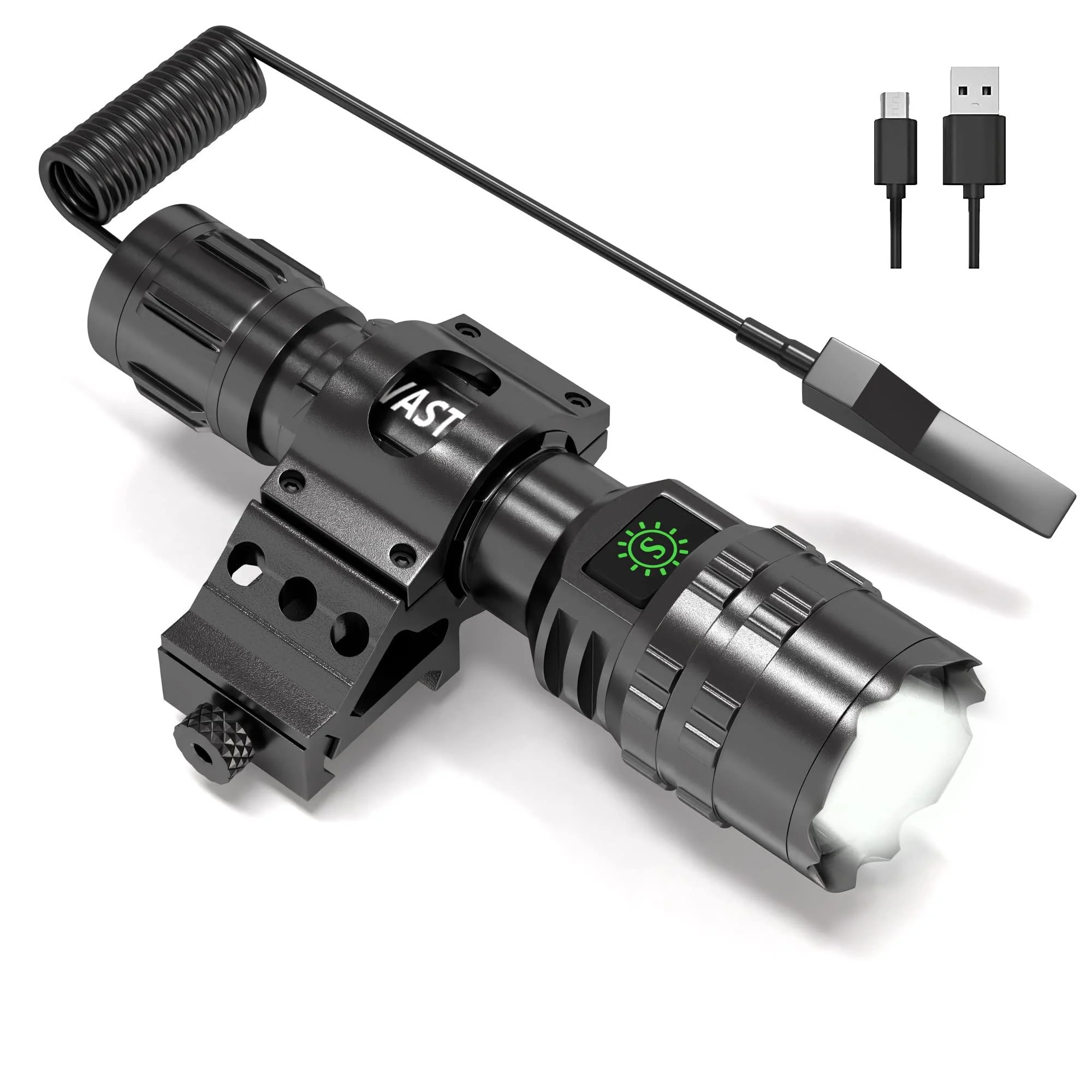 POVAST Tactical Flashlight Picatinny Rail Mount 1600 Lumens Side Switch Remote Pressure Switch USB Rechargeable, Matte Black