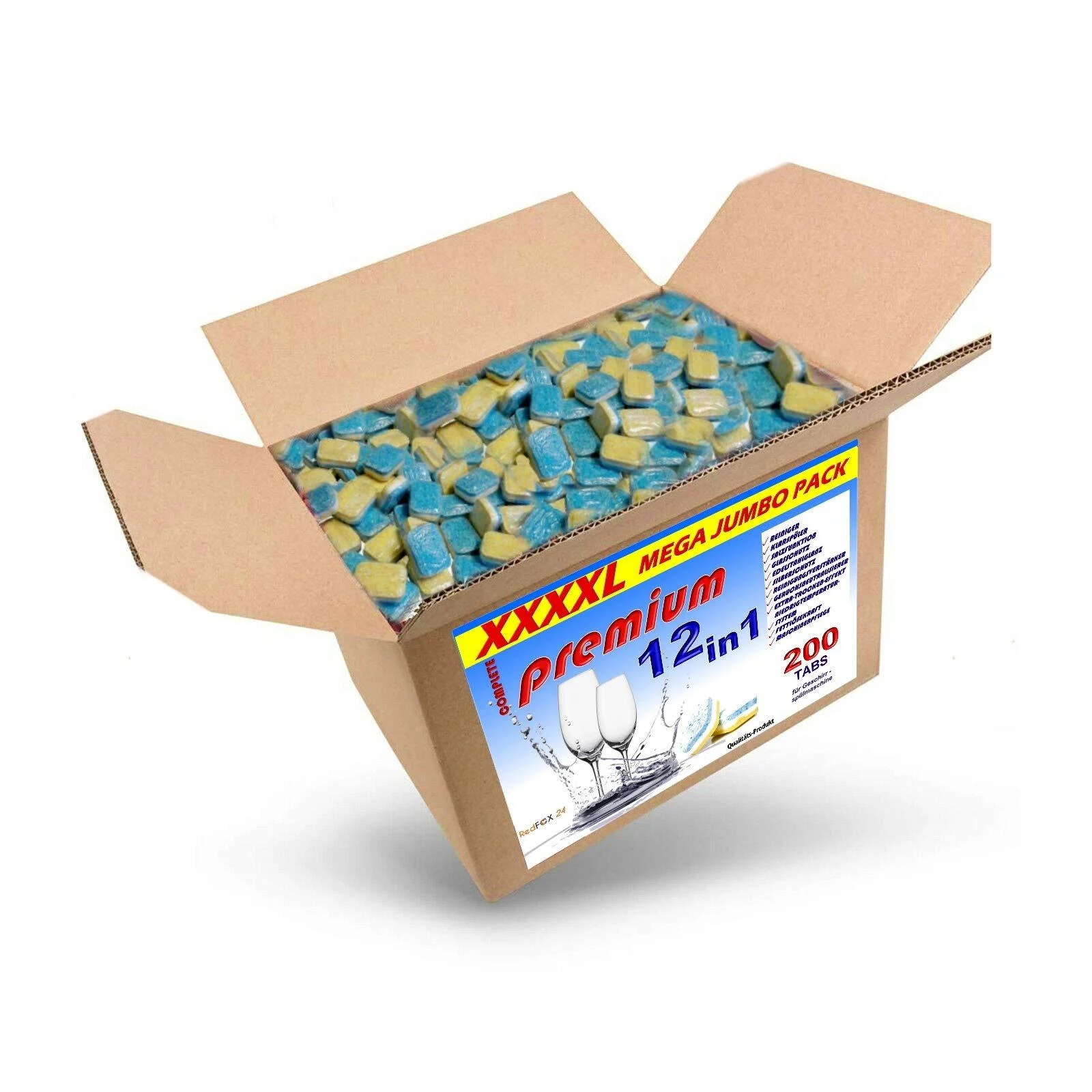 Redfox24 Premium dishwasher tabs - with water -soluble film - dishwasher flush - 12 different functions - available in a 4 kg cardboard fresh 200 pieces (1 Pack)