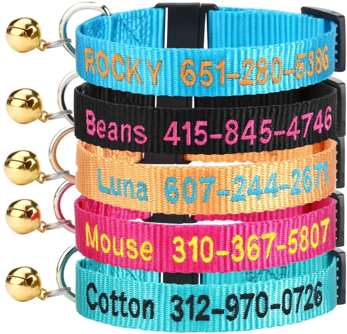 Personalized Cat Collar with Bell,Custom Cat Collars with Name and Phone Number Adjustable Nylon Embroidered ID Collar for Cat with Breakaway Safety Release Buckle - DayDay Patch