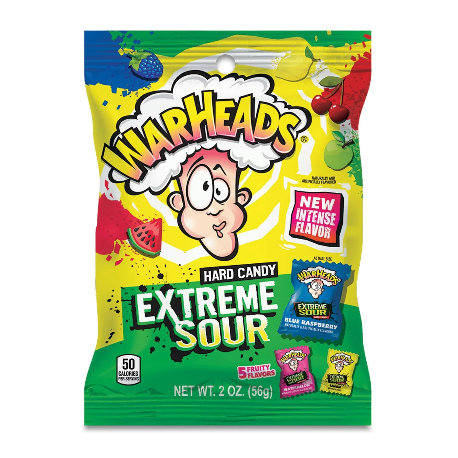 WARHEADS - Extreme Sour Hard Candy - Assorted Flavors - Sour Apple Black Cherry Blue Raspberry Lemon & Watermelon Flavors - 2 oz. Bag 2 Ounce (Pack of 1)