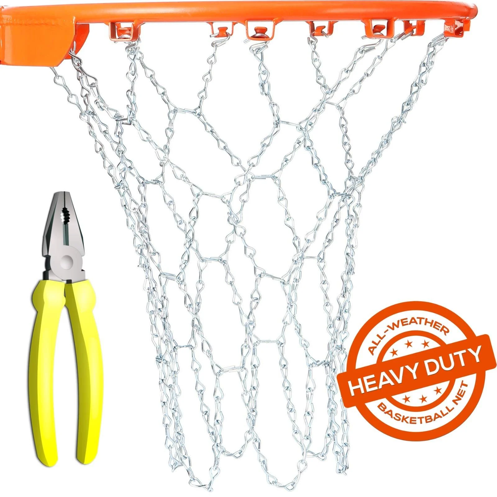 Basketball Net Heavy Duty Metal Chain Replacement with 12 S-Hooks and Set of Pliers to Tighten Hooks | Rustproof Galvanized Iron 21-Inch (53 cm) Net (2.5) 2.5mm Replacement Chain