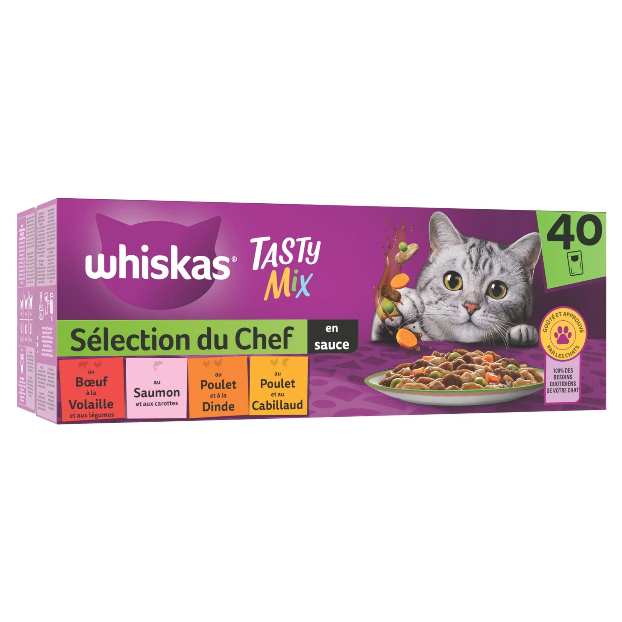 WHISKAS Cat Meal - 40 Freshness Sachets - Tasty Mix Chef's Selection (4 Varieties) - Adult Cat Food in Sauce - Complete & Bal