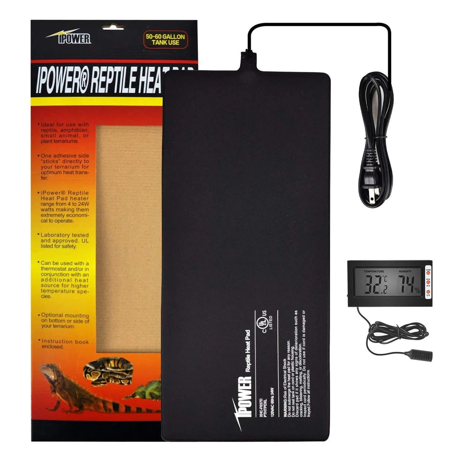 iPower Reptile Heat Mat 4W/8W/16W/24W Under Tank Heater Terrarium Heating Pad and Digital Hygrometer with Humidity Probe or Digital Thermostat Controller for Amphibians and Reptiles Pet, Multi Sizes 8" x 18" Pad + Hygrometer
