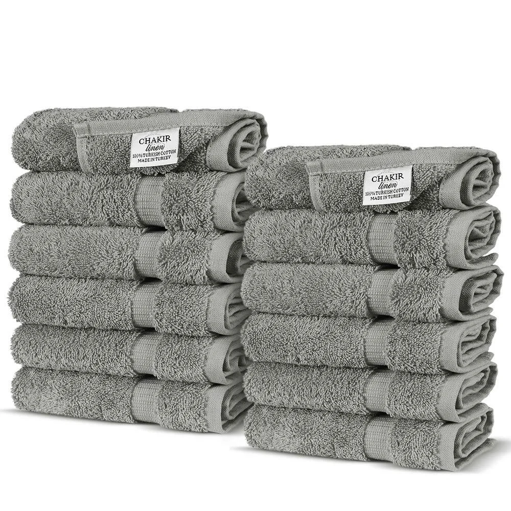 Chakir Turkish Linens 100% Turkish Cotton Luxury Hotel & Spa Washcloth Set (Set of 12, Gray)