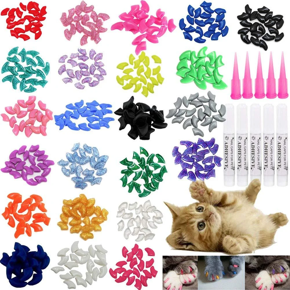 VICTHY 100 PCS Soft Pet Cat Nail Caps Cats Paws Grooming Nail Claws Caps Covers of 5 Random 5Pcs Adhesive Glue with 5pcs Applicators Medium