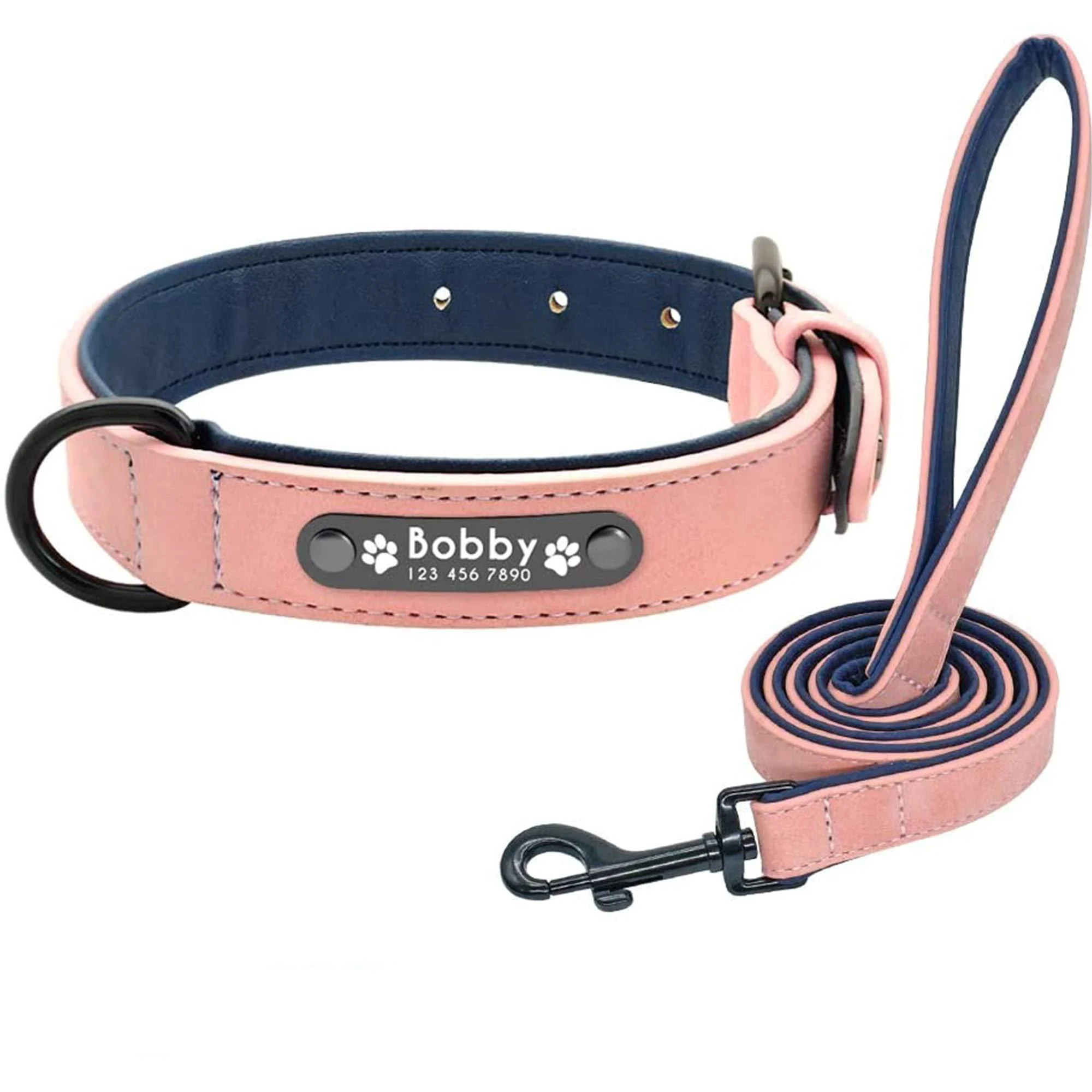 Didog dog collar soft padded leather with personalizable engraved name tag D-ring.Suitable for small and medium -sized dogs.M: 27-33 cm pink set (custom)