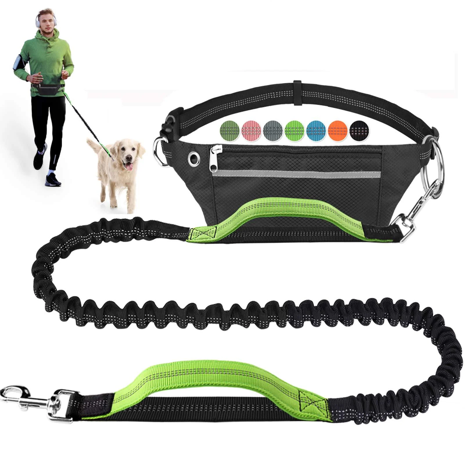 Hands Free Dog Leash for Running Walking Jogging Training Hiking Retractable Bungee Dog Running Waist Leash for Medium to Large Dogs Adjustable Waist Belt with Pack Reflective Stitches Dual Handle Black/Green - LANNEY