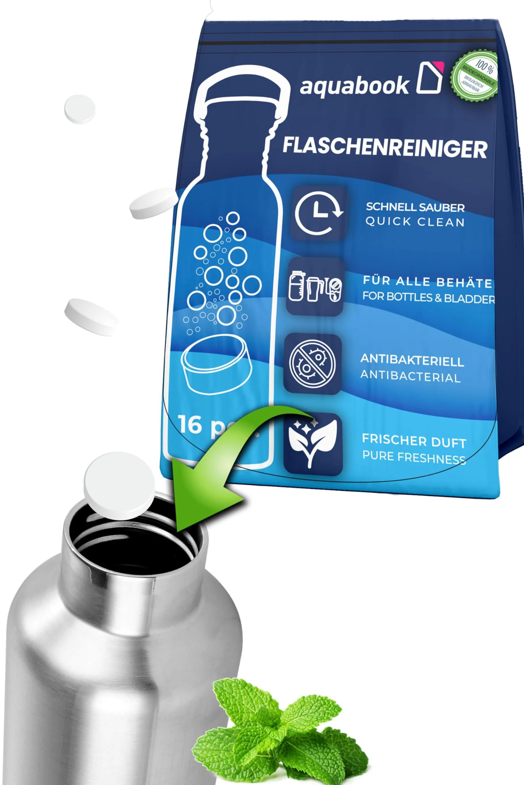 Bottle cleaner - cleaning tablets for bottles 16 pieces Bottle Cleaning tabs bottle cleaner cleaning tabs drinking bladder cleaning 1 piece (16 pack)