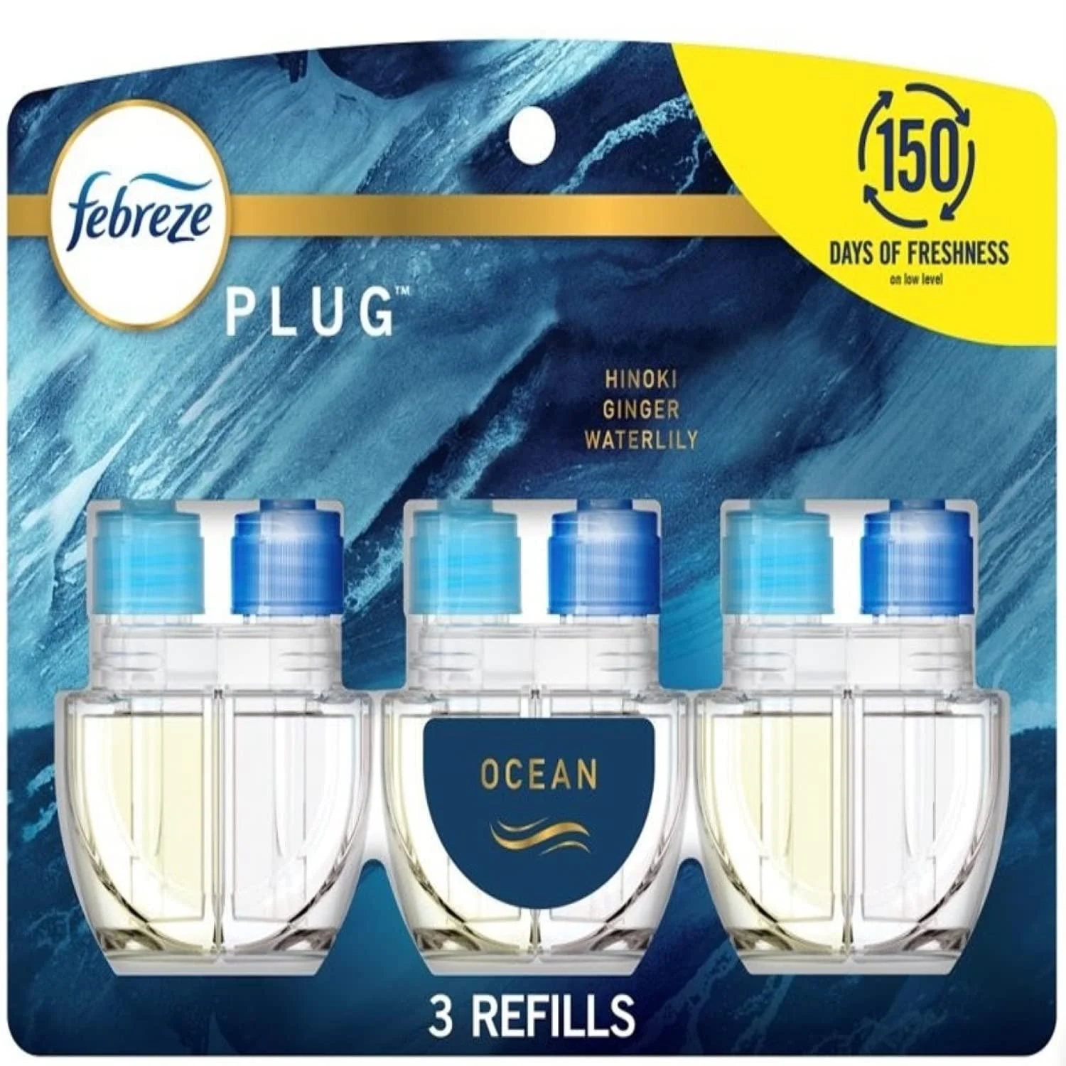 Febreze Plug in Air Fresheners, Ocean, Odor Fighter for Strong Odors, Scented Oil Refill (3 Count) Ocean Plug, 3 Refills